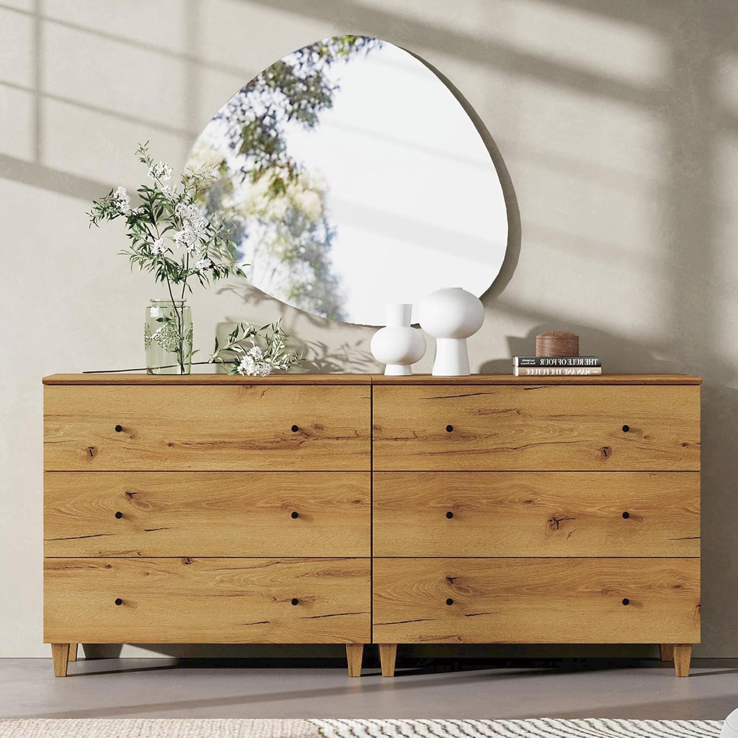 WAMPAT Dresser with 6 Drawers, Bedroom 70.8" Wide Wooden Chest of Drawers, Modern Dressers Closet Storage Organizer w/Solid Wood Legs for Living Room, Kids Room, Nursery, Oak Brown