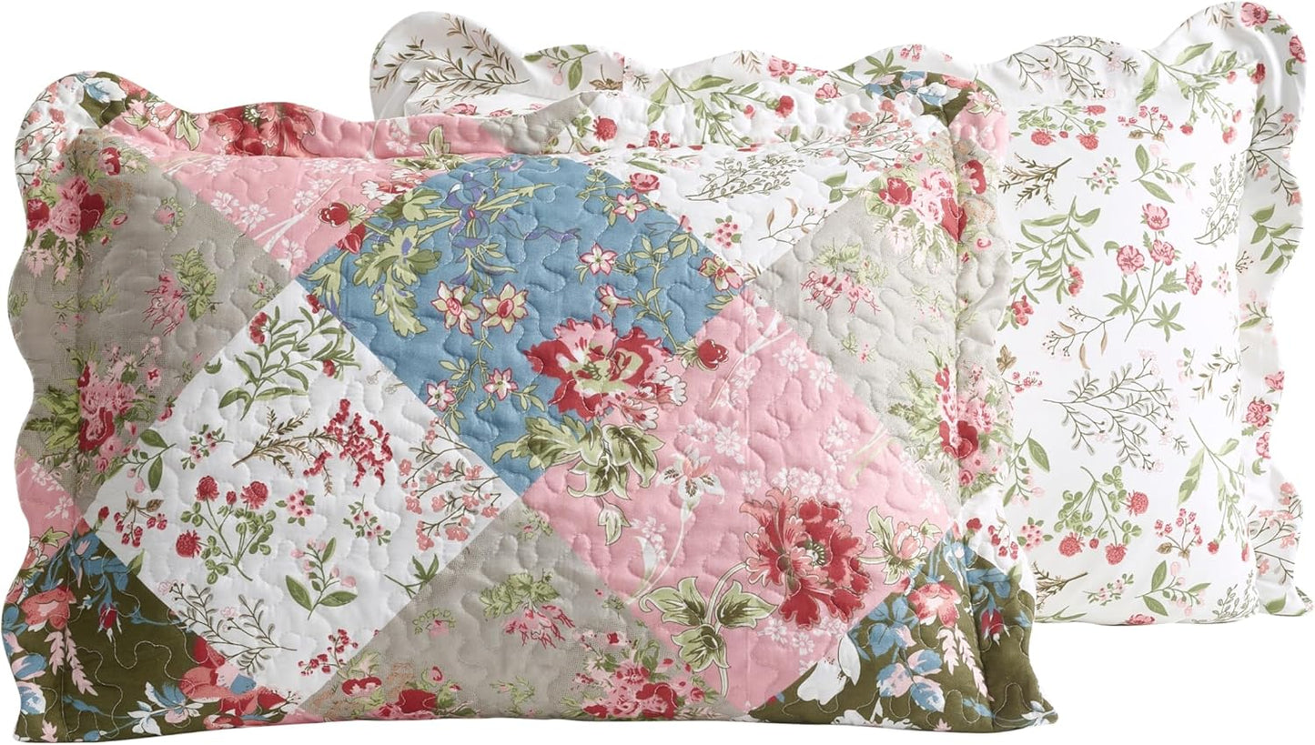 Brilliant Sunshine Peach and Olive Flowers Patchwork, 3-Piece Quilt Set with 2 Shams, Reversible Bedspread, Soft Lightweight Coverlet, All-Season, Full/Queen, Peach Olive