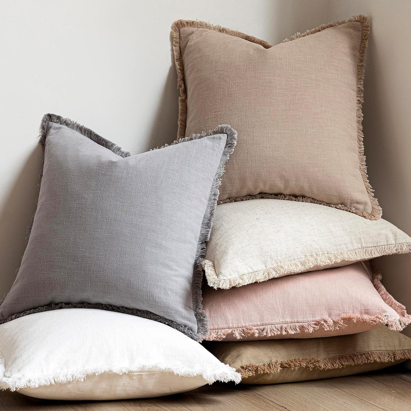 Foindtower Set of 2 Decorative Linen Fringe Throw Pillow Covers Boho Farmhouse Cushion Cover with Tassels Accent Pillowcase for Couch Chair Sofa Bed Living Room Home Decor,16×16 Inch,Tan Beige