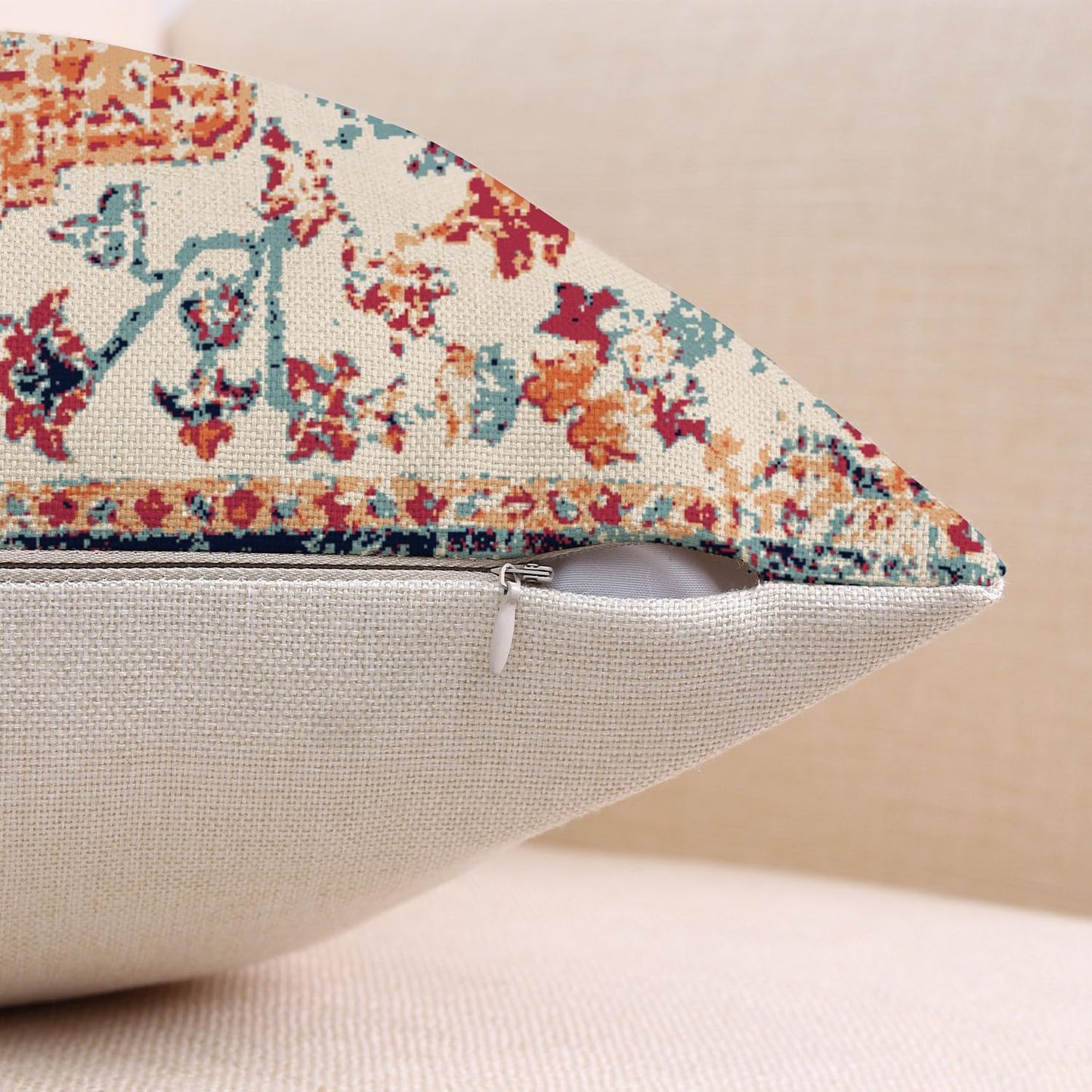 Outdoor Waterproof Pillow Covers 16X16 Inch Set of 2 - Bohemian Vintage Carpet Pattern Orange Blue Ethnic Design Decorative Farmhouse for Couch Garden Balcony