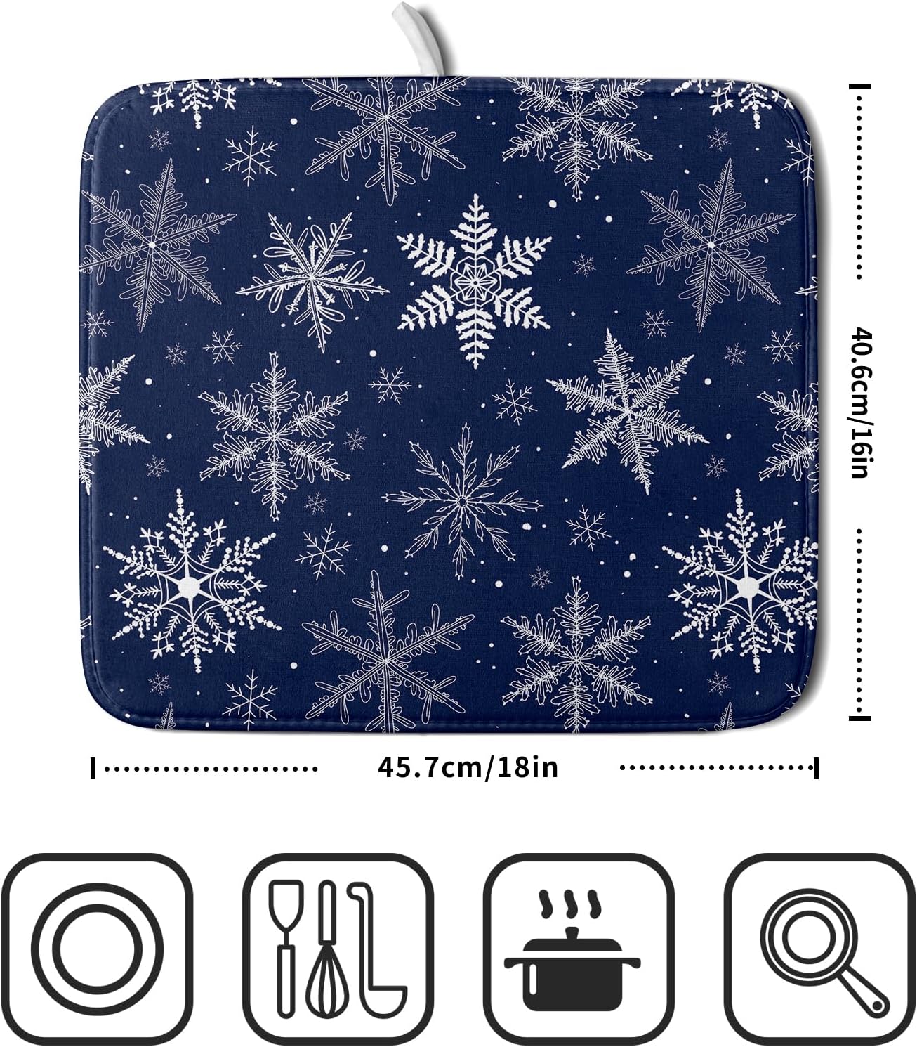 Winter blue Snowflake Dish Drying Mat for Kitchen Counter Holiday Super Absorbent Reversible Microfiber Kitchen Countertop Protector Dishes Pad Small 16x18 inch