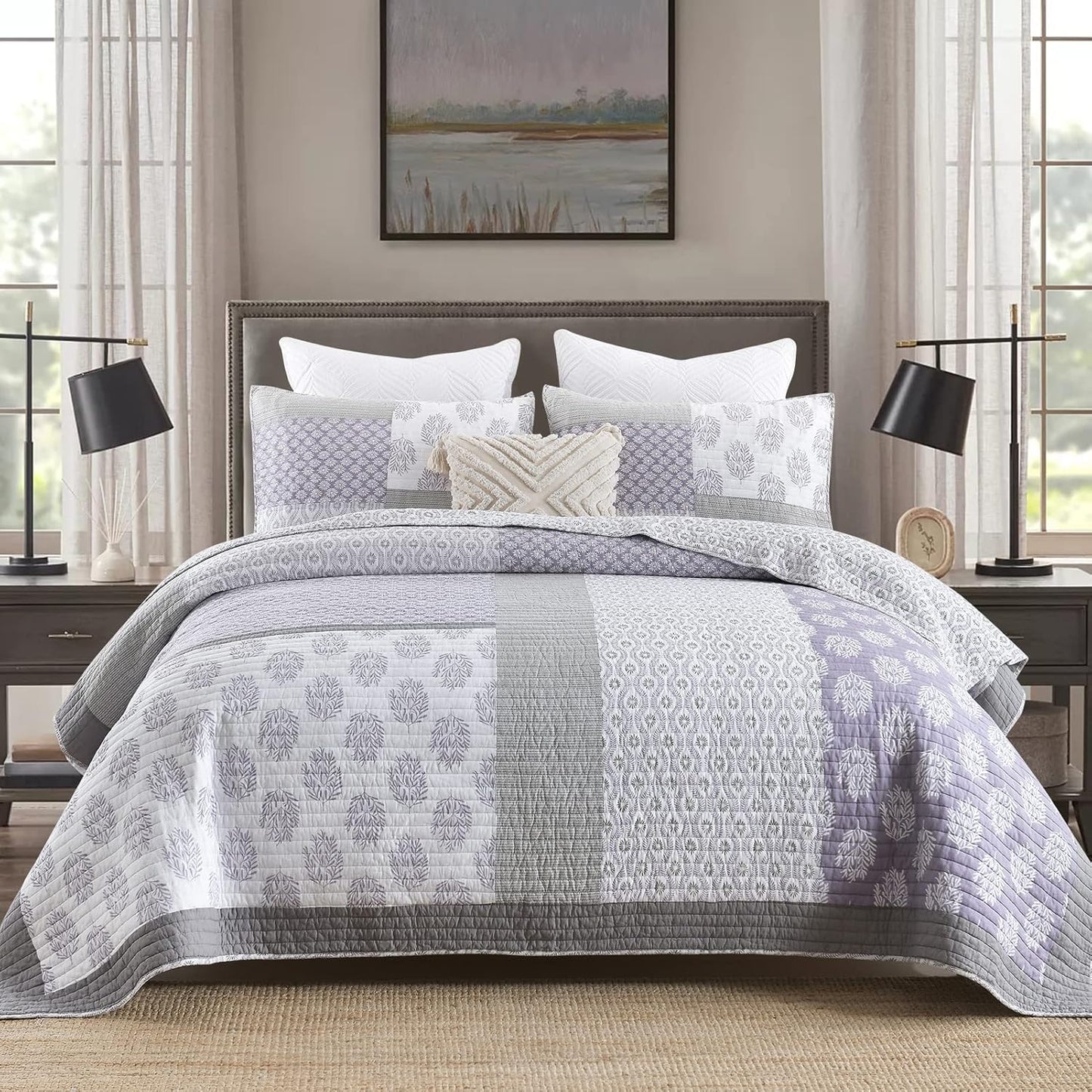 PANGUSHAN Quilt Set King Size, 100% Cotton Bedspread Quilt Bedding Set, Patchwork Reversible Floral Quilt for King Bed, Purple/Grey/White Bed Spread, Lightweight Comforter for All Season, 3 Pieces