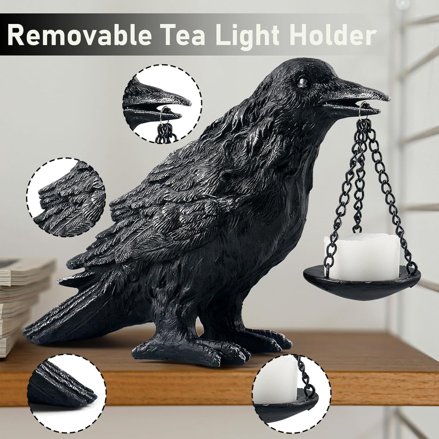 Raven Gothic Home Decor Fake Crow Light Holder Raven Lamp Tealight Candle Holder Resin Raven Statue Wearing Silver