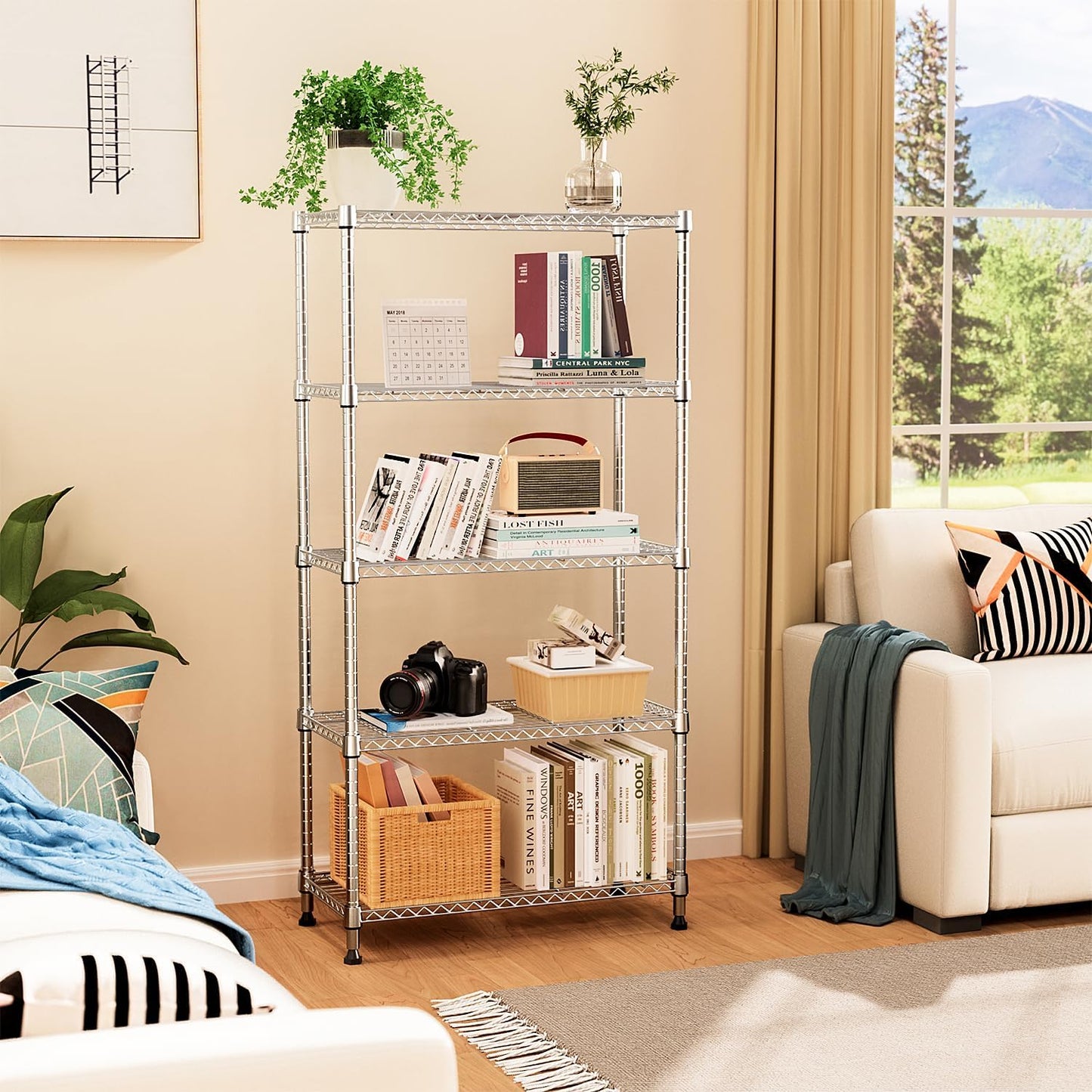 MZG 1750 lbs 5 Tier Storage Rack Metal Wire Shelving Unit, Storage Standing Household Shelf Organizer for Kitchen Pantry Closet Garage Basement Utility Room, Chrome 15.8" D x 45.3" W x 70.4" H