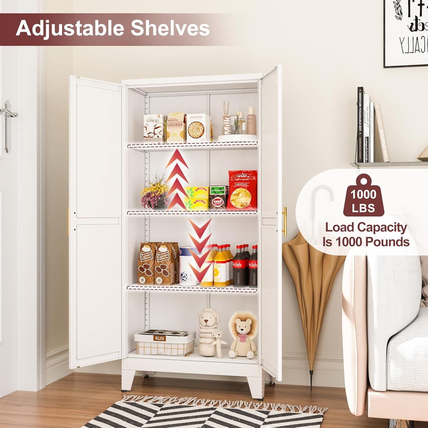 Metal Pantry Cabinet with 2 Doors and Adjustable Shelves, Kitchen Storage cabinets with Gold Handles, Versatile Storage for Laundry/Living Room,Bathroom,Dinning Room-White