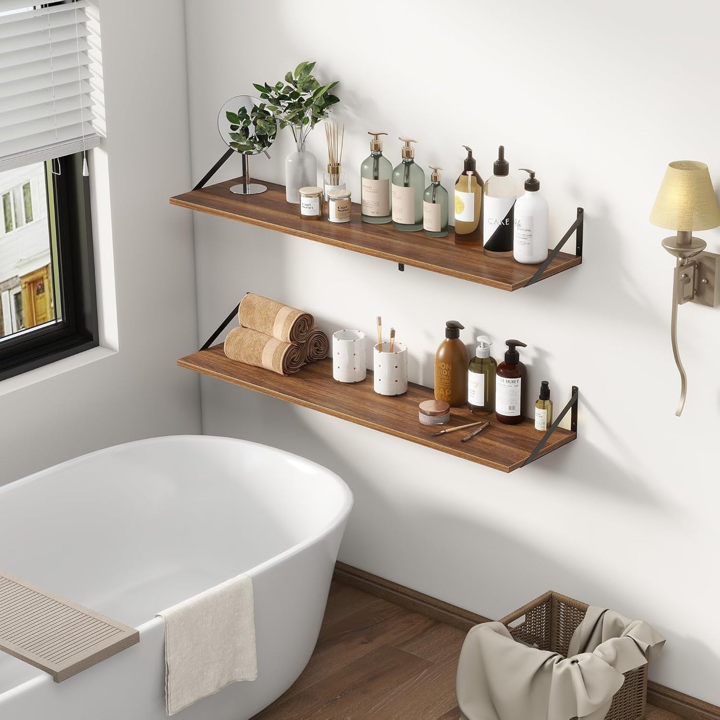 12 Inch Deep Floating Shelves,48W x 12D Floating Shelves, Deep Wall Shelves Bracket Set of 2, Large Display Floating Shelf for Bathroom, Living Room, Wide Storage Wooden Wall Shelf, Walnut