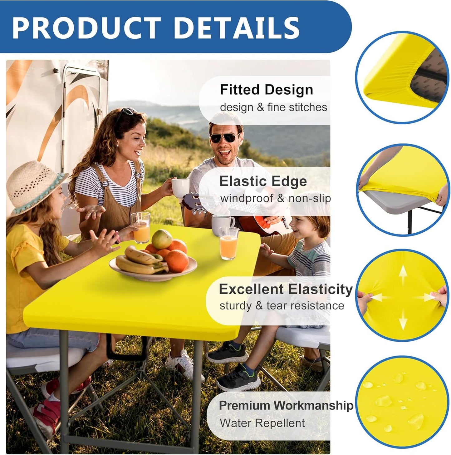 Fitted Tablecloth for 6 Foot Rectangle Tables-4 Pack Yellow Elastic Outdoor Picnic Table Cover-Spandex Stretch Folding Table Cloths 6 ft for Camping Dining Room Patio Kitchen Banquet Party