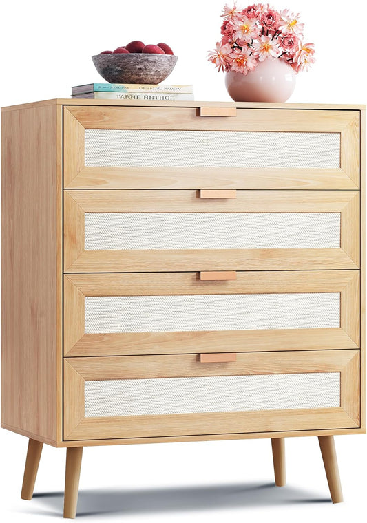 WLIVE Rattan Dresser for Bedroom, 4 Drawer Wood Boho Dresser Storage with Gold Metal Handle, Chest of Drawers for Living Room, Closet, Hallway, Light Oak