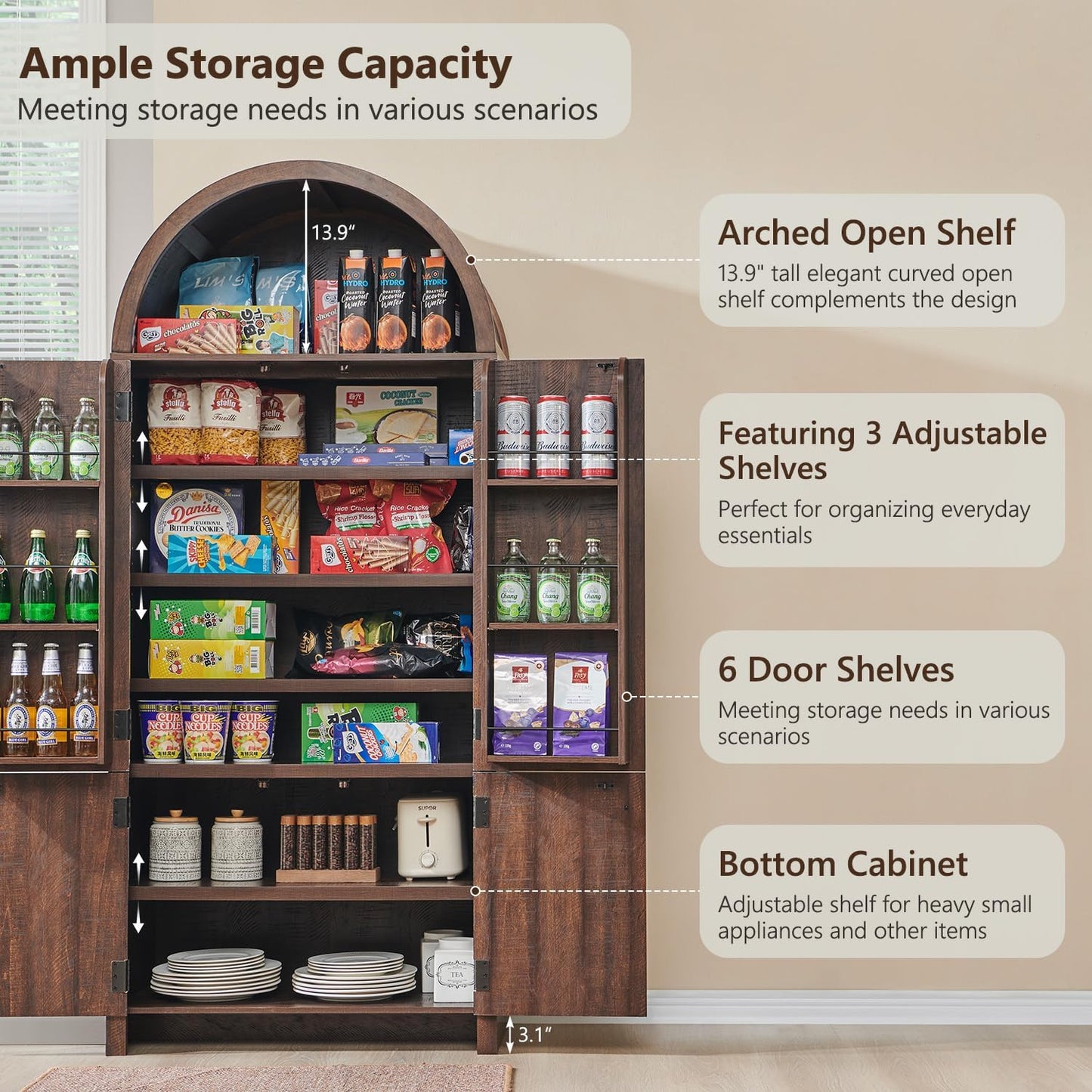 71" Tall Arched Bathroom Storage Cabinet, Modern Fluted Storage Cabinet w/Doors, 3 Adjustable Shelves, 6 Door Shelves, Wood Freestanding Cabinet for Bathroom, Entryway, Hallway, Brown