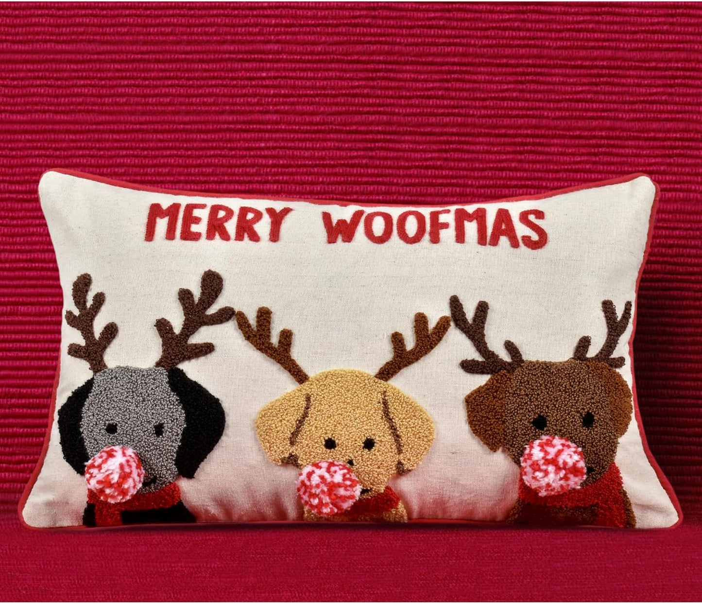 Merry Woofmas Christmas Pillow Covers 12x20, Cute Dog Embroidered Christmas Throw Pillow Covers Christmas Decorations Holiday Pillows for Home Couch,Linen/red