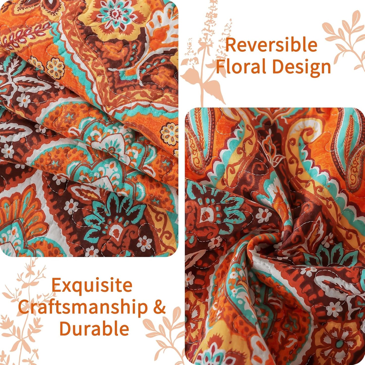 VAPUTAR Cotton Quilts Queen Size, Queen Quilt Bedding Set with Bohemian Damask Pattern-3 Pieces Lightweight Soft Bedspread Queen Size Coverlet (90 * 98 in) Suitable for All Season (Light Orange)