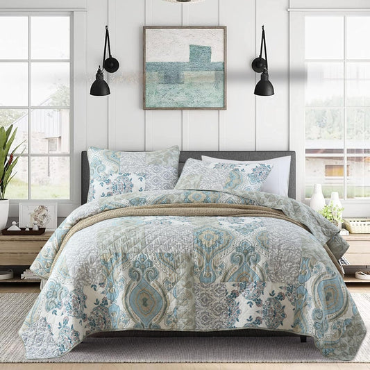 Secgo Queen Size Comforter Set- 100% Cotton Quilt Queen Size Set, Green, Sage bedspreads (90 * 96 Inch) with 2 Pillow Shams, Patchwork Reversible Lightweight Bedding
