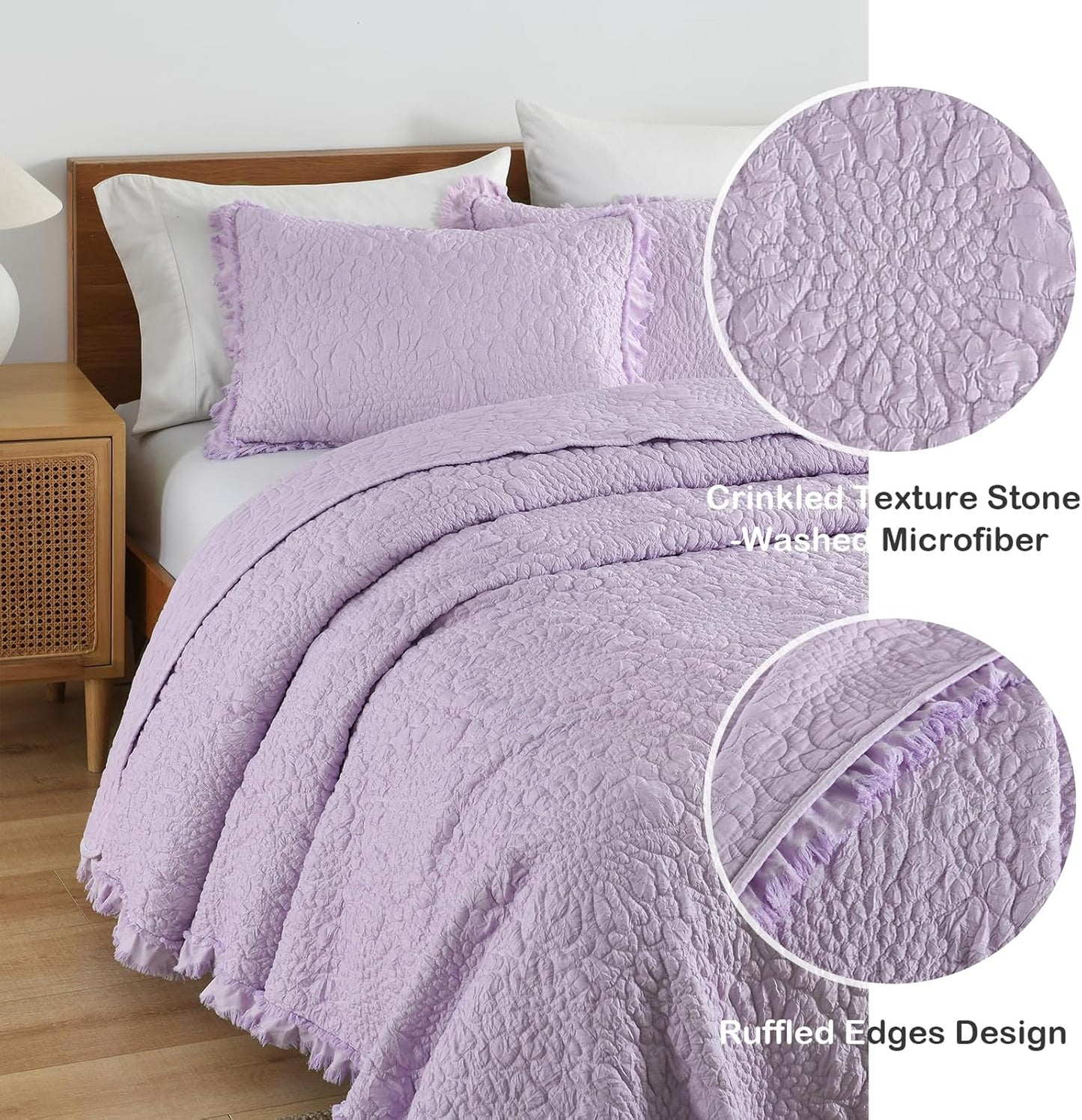 HORIMOTE HOME Lavender Ruffled Quilt Twin Size, Stone-Washed Microfiber Lightweight Crinkled Farmhouse Rustic Shabby Chic Bedding Set, 2 Pieces Reversible Bedspread with Pillow Sham for All Season