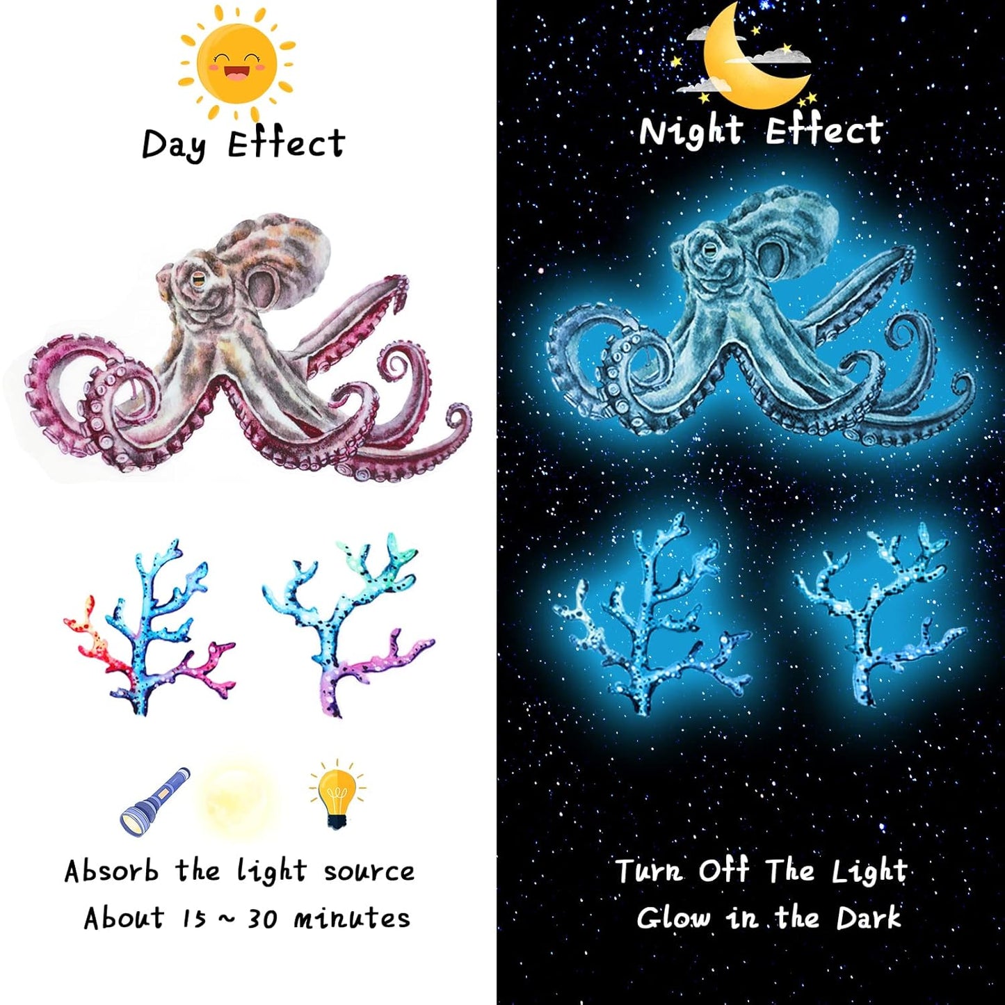 Sabary 4 Pieces Glow in The Dark Ocean Wall Decals Under The Sea Wall Decals Fish Stickers PVC Sea Animals Stickers for Room Living Room Nursery Bathroom Decoration