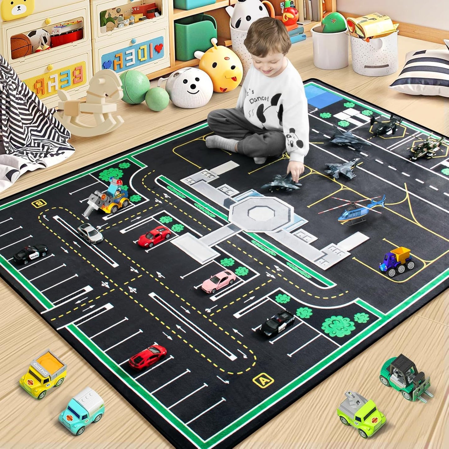 Kids Rug, Road Carpet for Kids with Combined City Road Traffic System, Car Rug and Airport Play Mat, 6x9 Ft Children’s Play Rugs for Playroom, Children’s City Traffic Map Fun Car Mat,Non-Slip