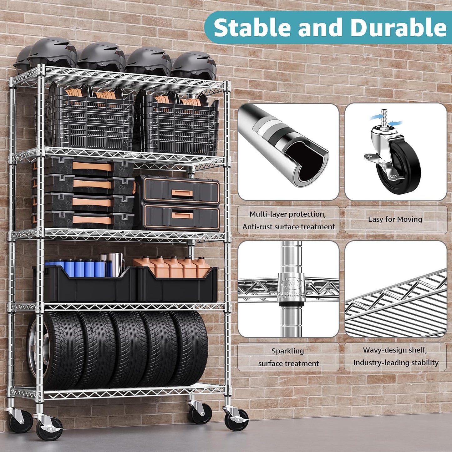5-Shelf Storage Shelves,Wire Shelving Heavy Duty Metal Storage Shelving Unit Adjustable Garage Shelving Rack Pantry Kitchen (Chrome, 5 Tier,17.7" D x 47.2" W x 76.7" H)
