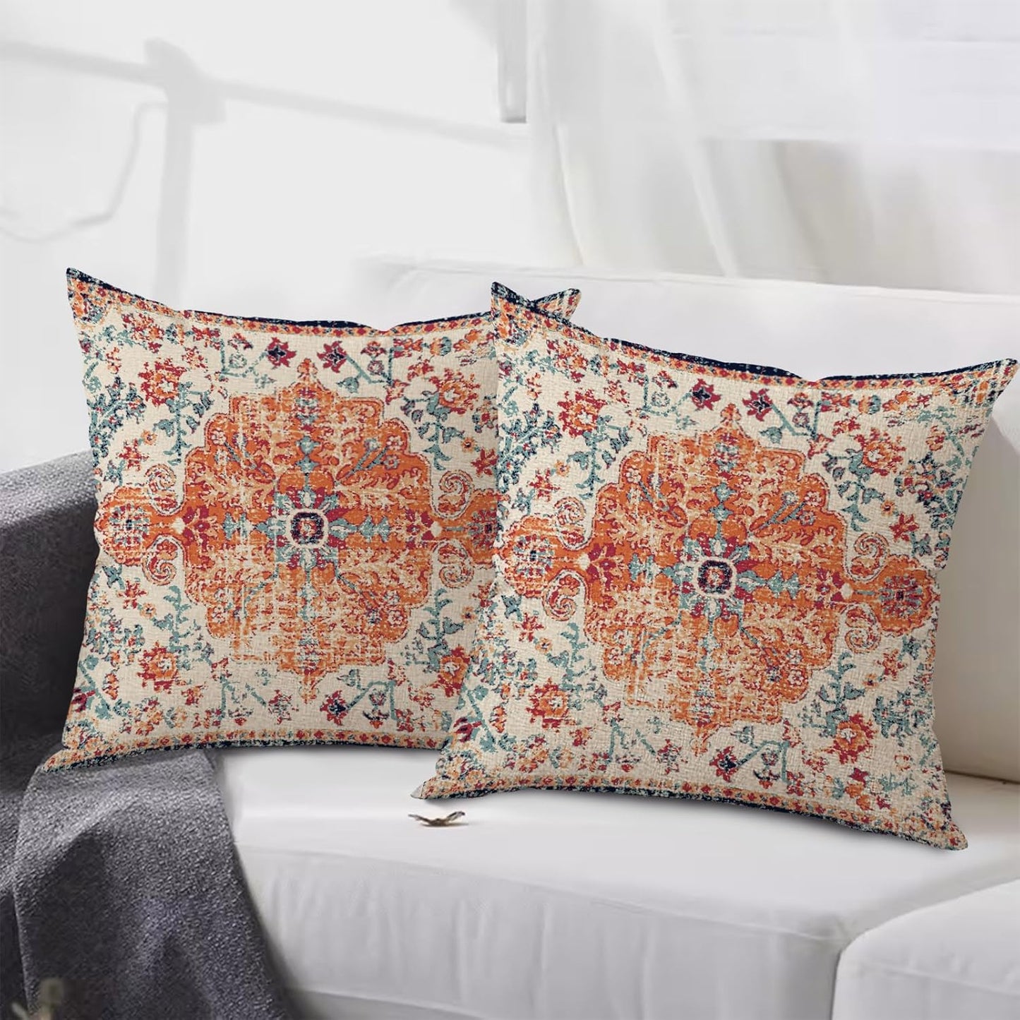 Outdoor Waterproof Pillow Covers 16X16 Inch Set of 2 - Bohemian Vintage Carpet Pattern Orange Blue Ethnic Design Decorative Farmhouse for Couch Garden Balcony