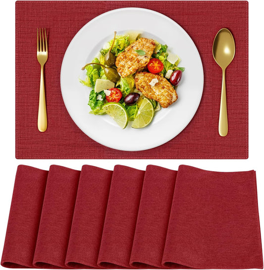 Cloth Placemats, Set of 6 Heat-Resistant Cotton Linen Blend Double Layered Machine Washable Place Mats, Wrinkle Free Thick Fabric Dining Table Mats for Indoors & Outdoors (Burgundy, 6)