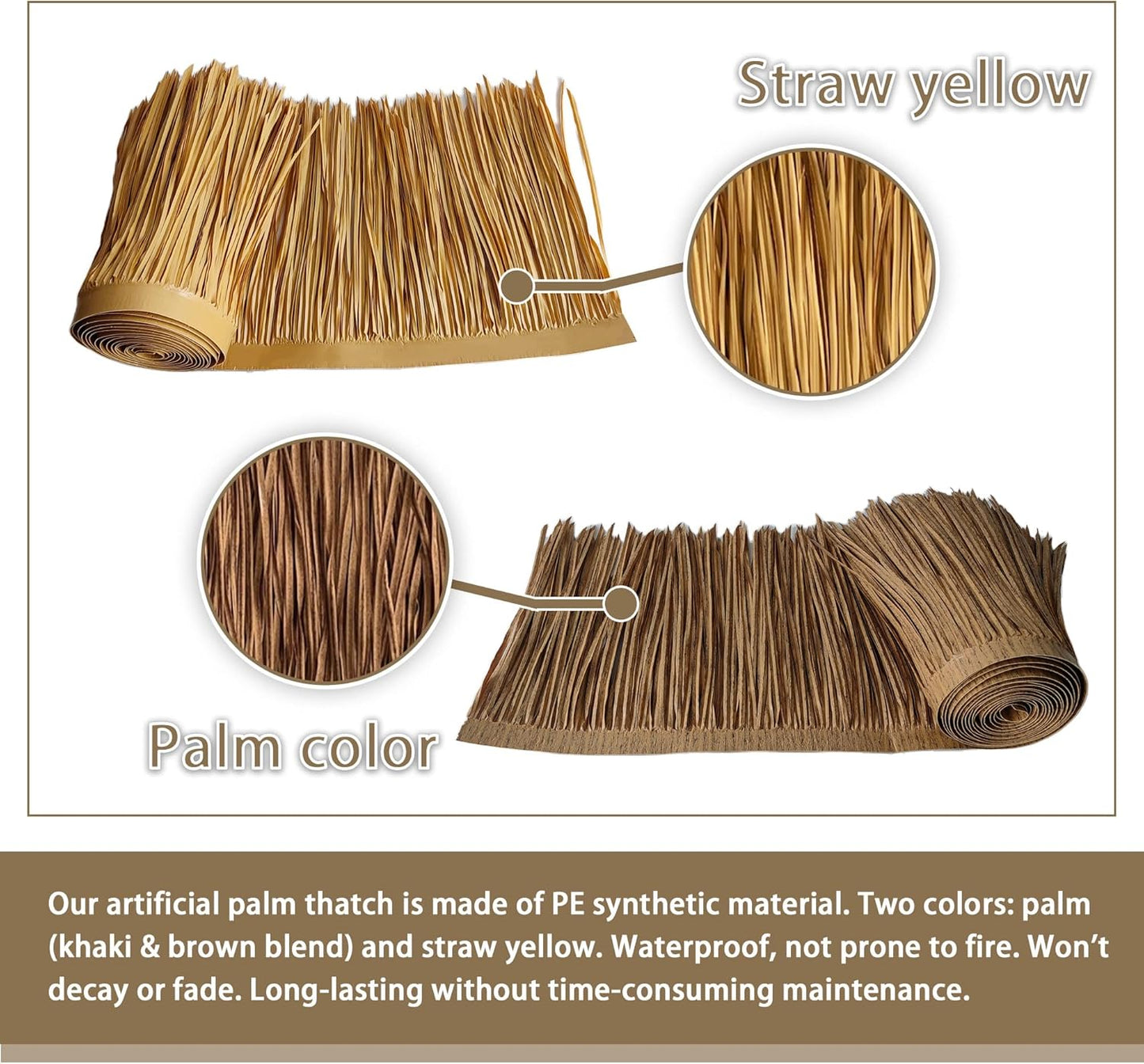 Premium Mexican Style Artificial Palm Thatch Roof Rolls. 5 Lengths, 2 Colors. Waterproof. Easy Install. Ideal for Tiki Bars, Parties, Gardens & Fences (15ft x 16in - Palm Color Thatch)