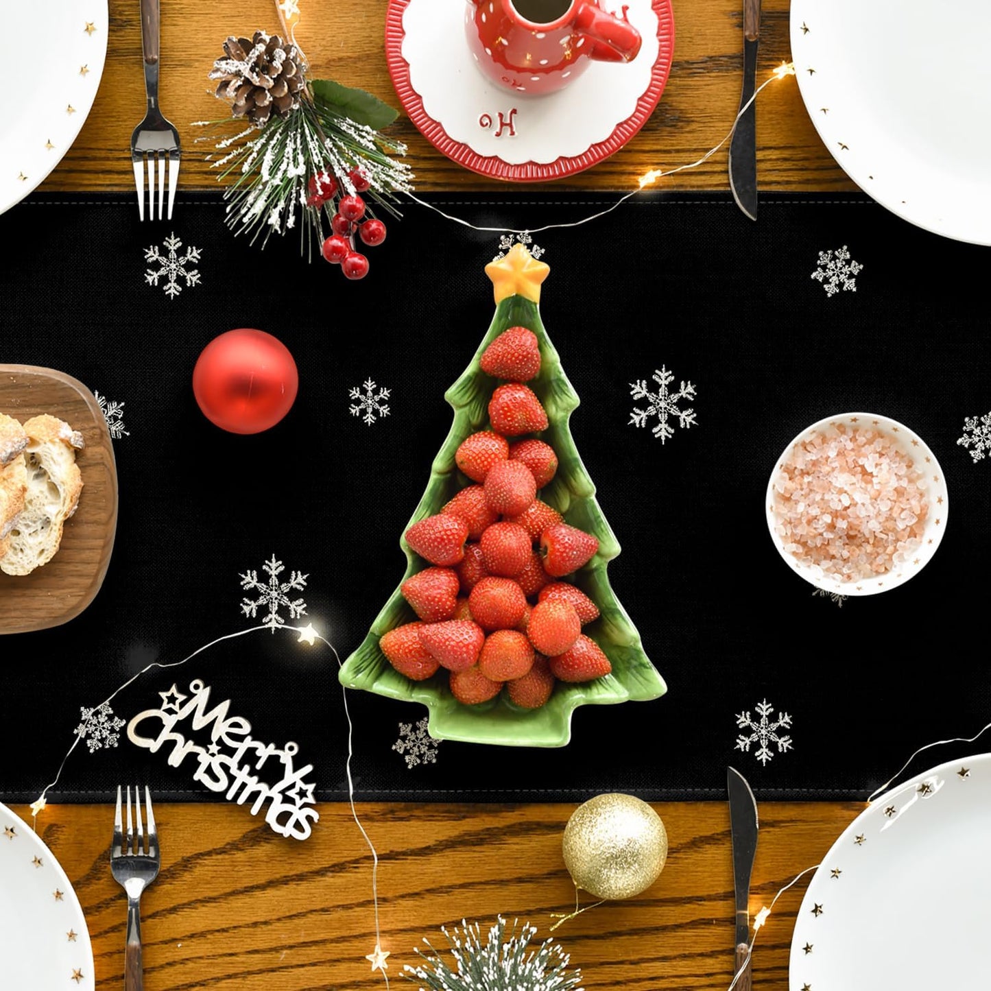 Artoid Mode Xmas Trees Snowflakes Black Merry Christmas Table Runner, Winter Seasonal Kitchen Dining Table Decoration for Home Party Decor 13x120 Inch