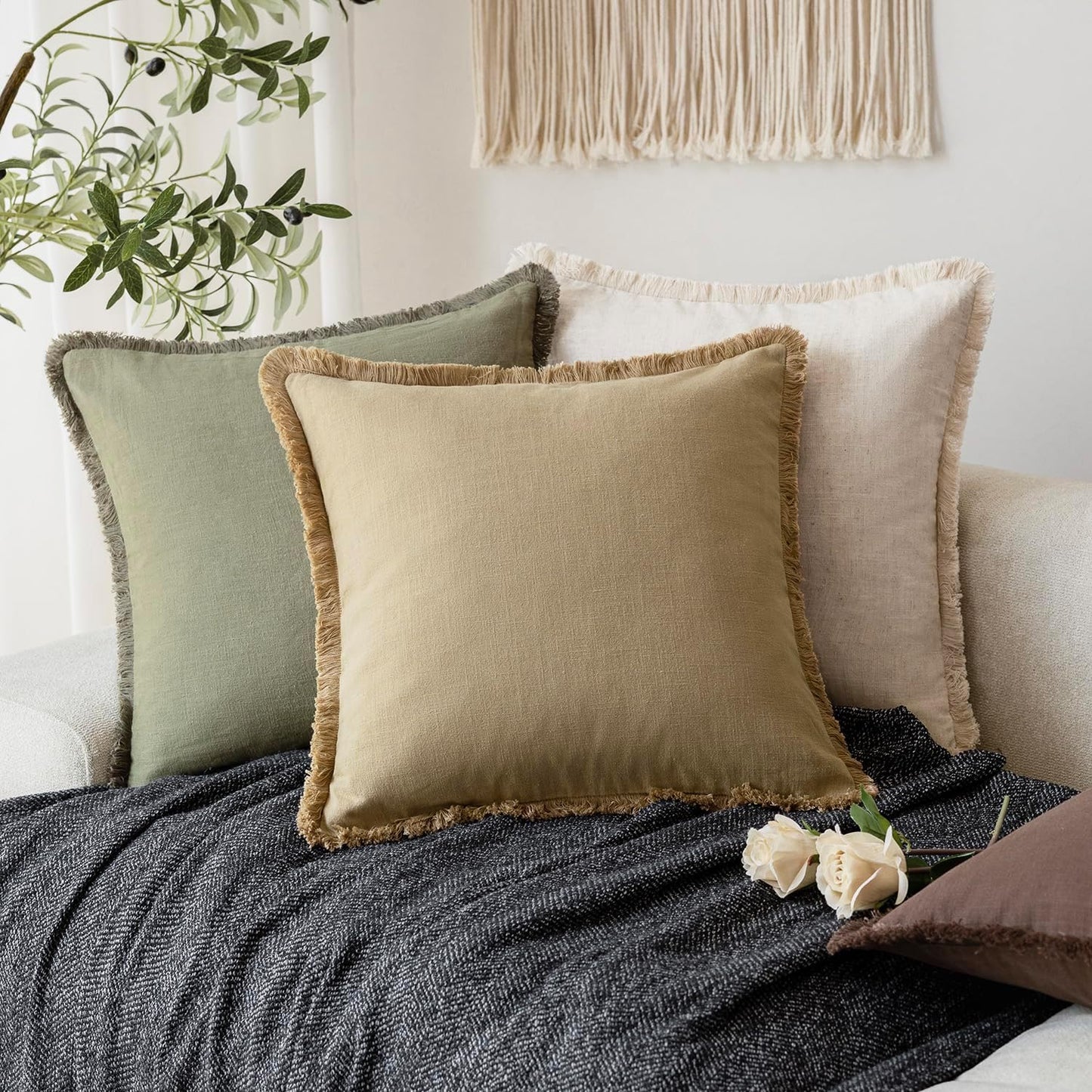 Foindtower Set of 2 Decorative Linen Fringe Throw Pillow Covers Farmhouse Cushion Cover with Tassels Lumbar Accent Pillowcase for Bed Couch Living Room Home Bedroom Decor,12×24 Inch,Light Khaki Taupe