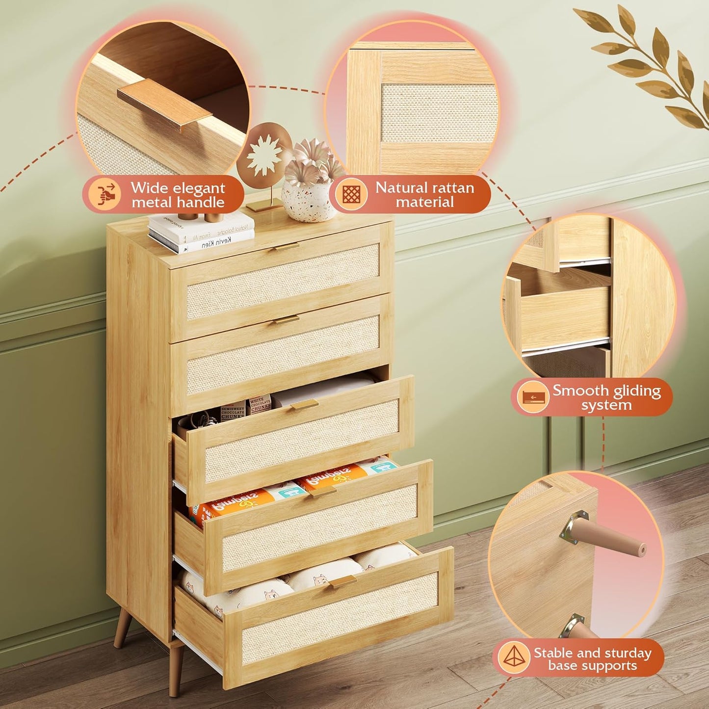 WLIVE Rattan Dresser for Bedroom, 5 Drawer Wood Boho Dresser Storage with Gold Metal Handle, Chest of Drawers for Living Room, Closet, Hallway, Light Oak