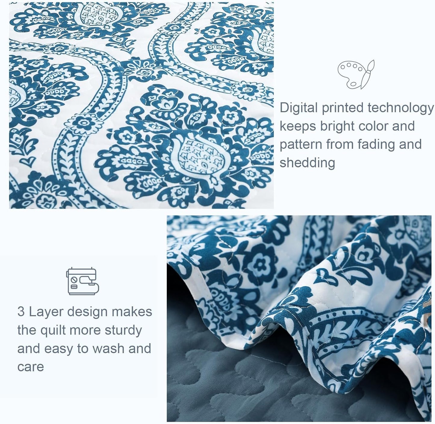 Exclusivo Mezcla Reversible Boho Quilt Set King Size, 3 Pieces Damask Blue All Season Bedspreads, Ultra Soft Floral Coverlet Bedding Set with Printed Pattern (1 Quilt, 2 Pillow Shams)