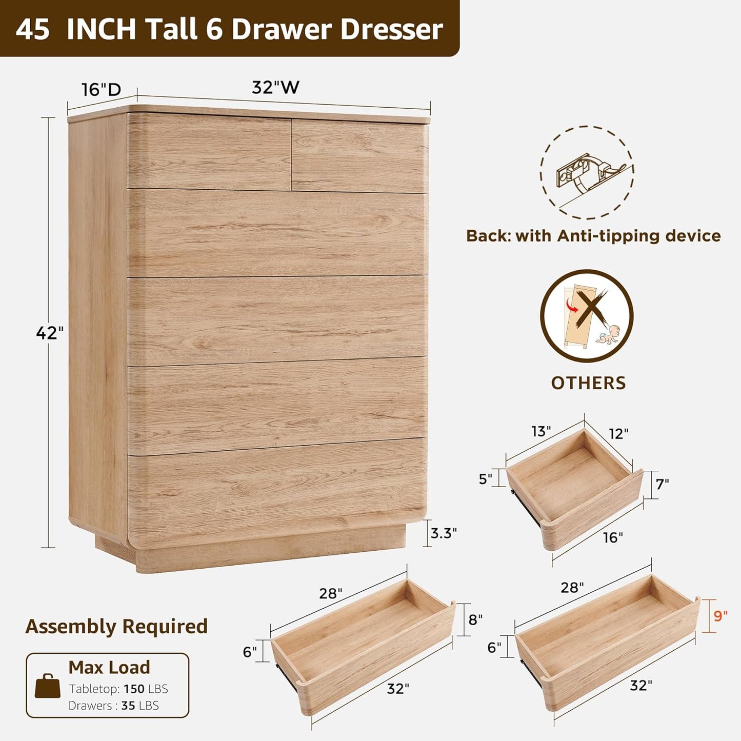 6 Drawer Dresser for Bedroom, 42 Inch Tall Modern Chest of Drawers, Push-to-Open Wood Storgae Organizer with Large Drawers for Bedroom, Living Room, Hallway, Natural Oak