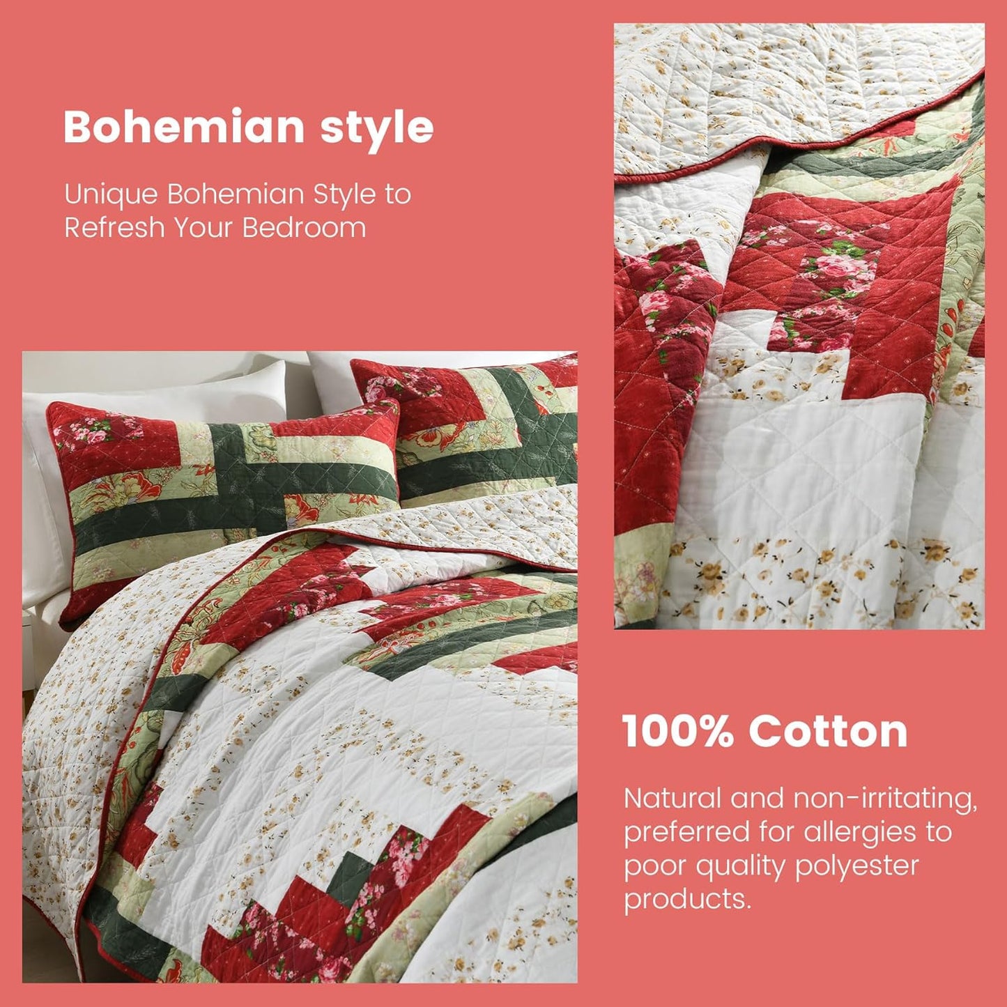 Secgo Handmade Quilted 100% Cotton Queen Comforter Set for Bed - 100% Cotton Quilts Queen Size, Black Bedspreads (90 * 96 Inch) with 2 Pillow Shams, Patchwork Reversible Lightweight Bedding