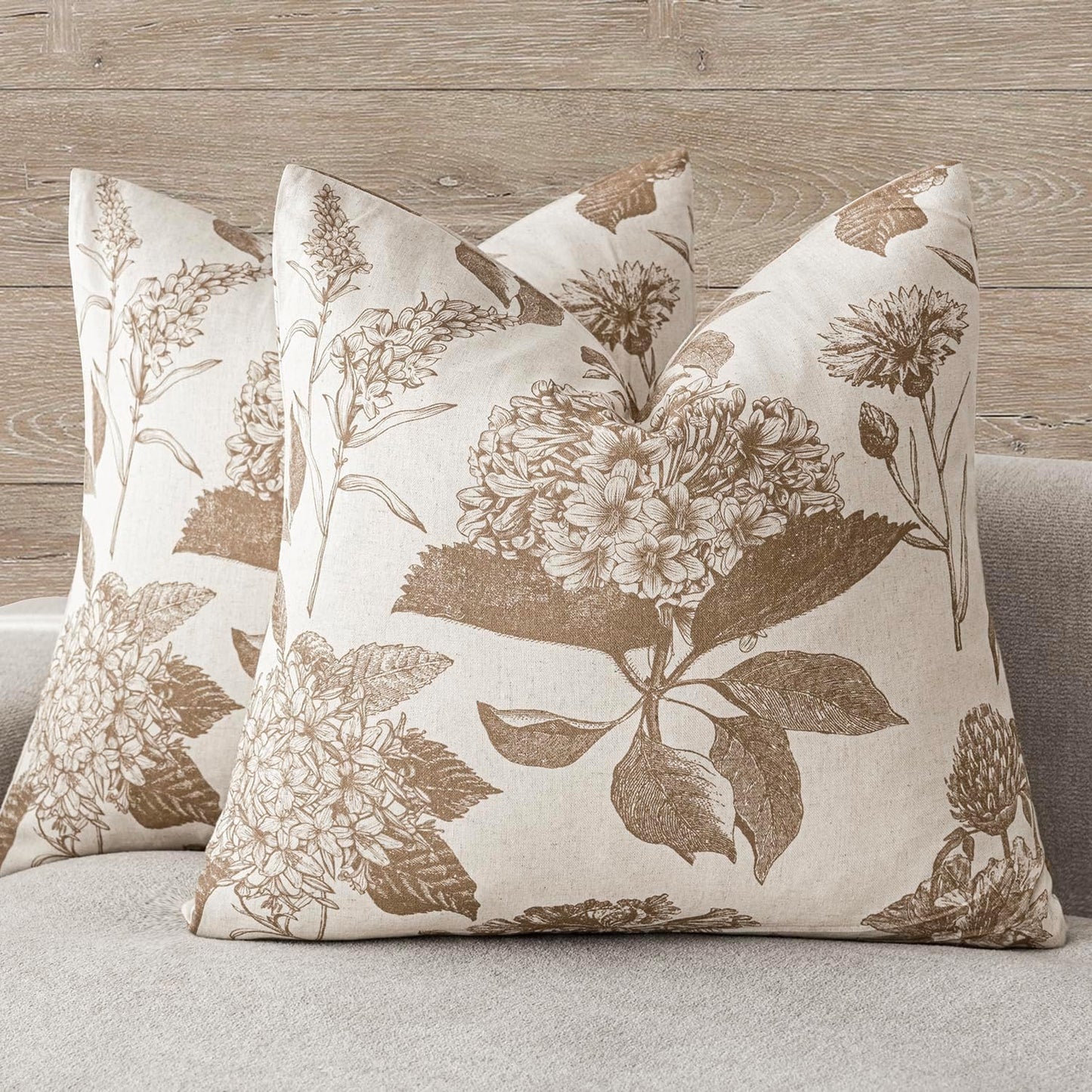 Foindtower Set of 2 Linen Floral Throw Pillow Covers Vintage Accent Print Decorative Cushion Covers Farmhouse Boho Home Decor for Sofa Chair Couch Bedroom Living Room Outdoor,20×20 Inch,Light Brown