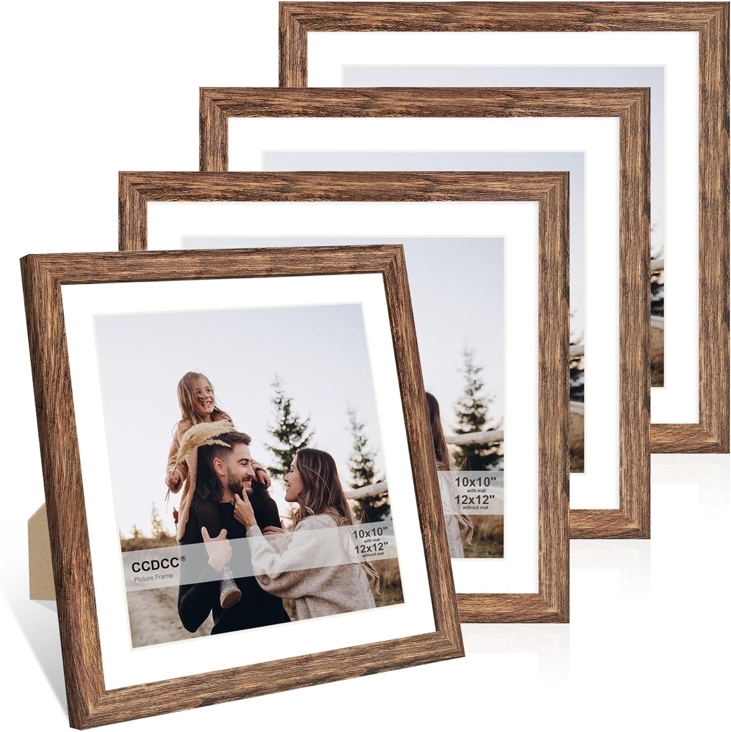 12x12 Picture Frame Set of 4, 12 x 12 Wood Photo Frames with Mat for 10x10 or 30x30cm Diamond Painting Art, Wooden Frame with Real Glass Cover for Wall and Tabletop Display,Rustic Brown