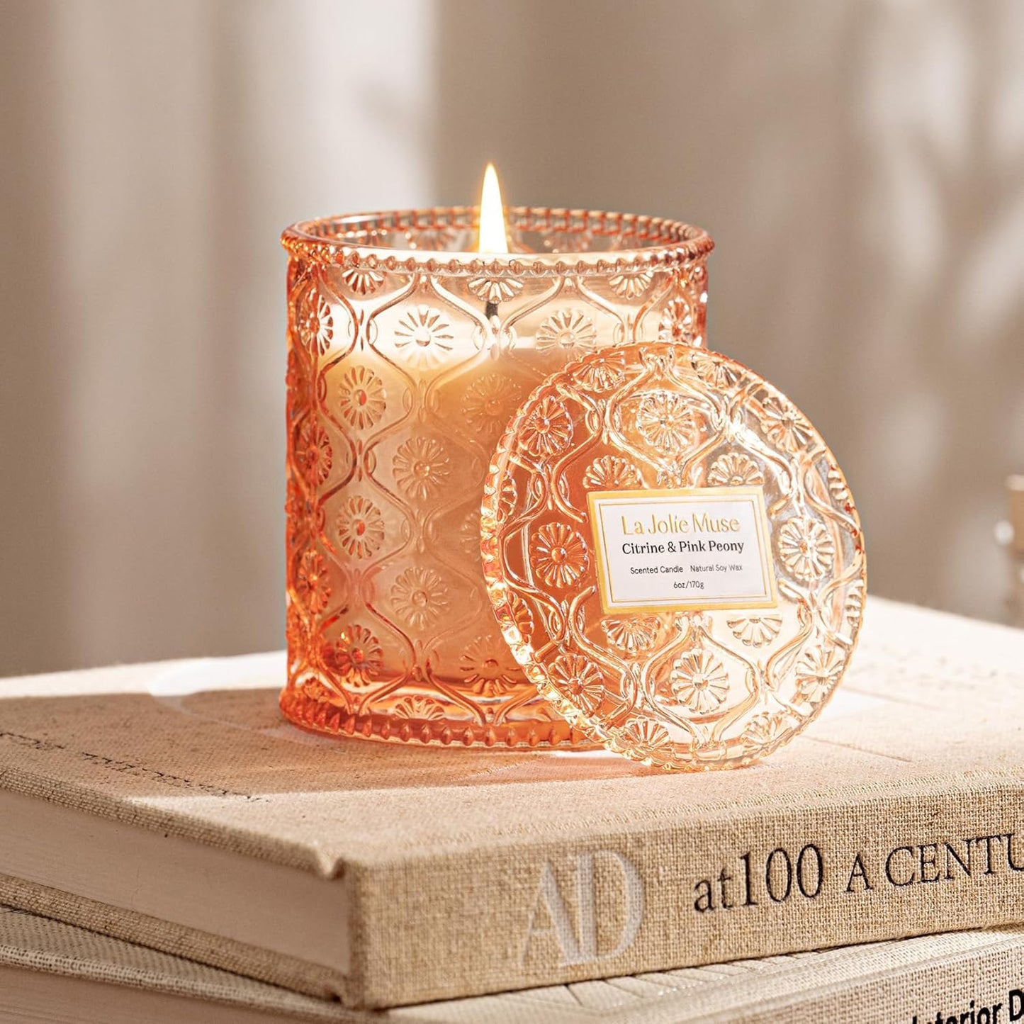 LA JOLIE MUSE Citrine & Pink Peony Scented Candles - Bergamot, Peony, Amber | 6 oz Natural Soy Wax | 40 Hours Clean Burn | Citrus Scented Candle| Gift-Ready for Hosts & Gatherings