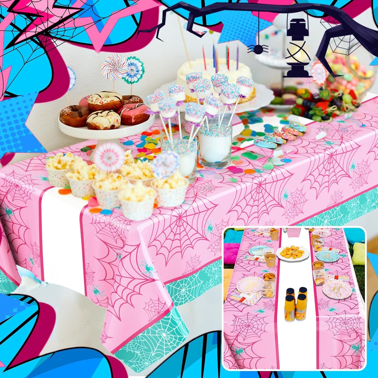 Oudain 3 Pack Spider Theme Birthday Decorations Halloween Purple Black Red Pink Green Web Ghost Bat Tablecloth Cartoon Table Cover Party Favor for Birthday (Pink,Green,Spider)