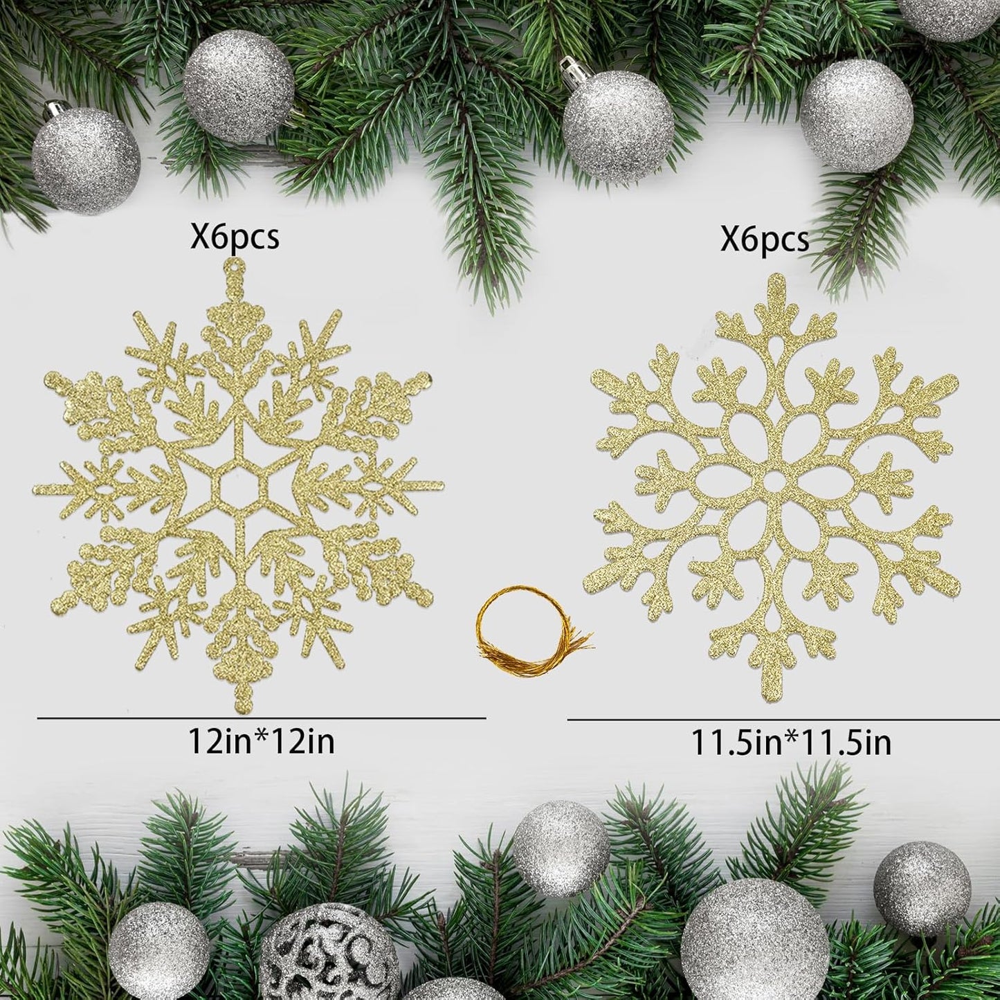 12pcs Large Christmas Snowflakes Decorations, 12" Big Plastic Glitter Gold Snowflake Ornaments for Winter Indoor Outdoor Christmas Tree Holiday Window Room Decor Craft Snowflakes