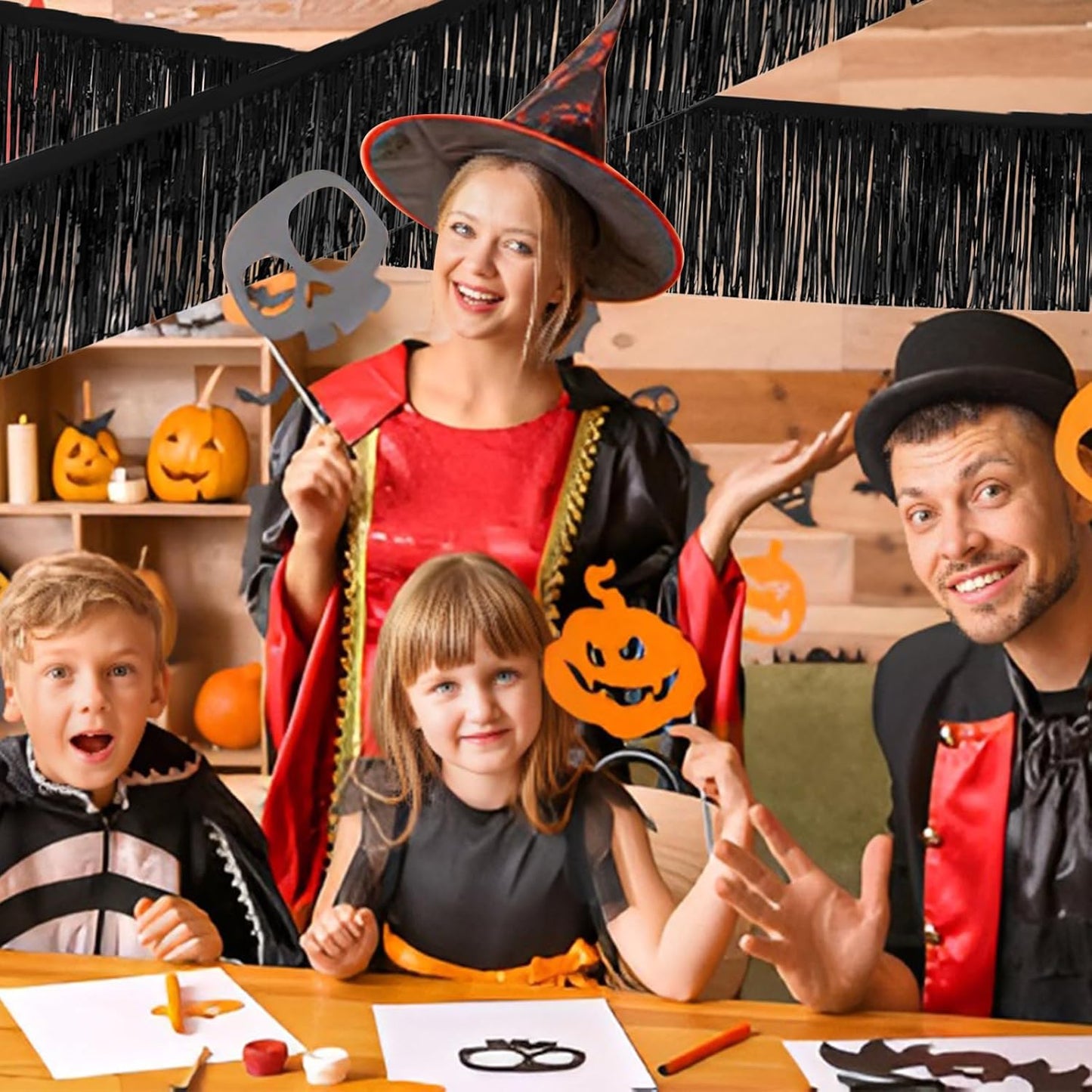 Black Foil Fringe Garland 10FT 6packs, Metallic Foil Tinsel Fringe Banners for Parade Float Decorations Wedding, Birthday Party Graduation (six Black)