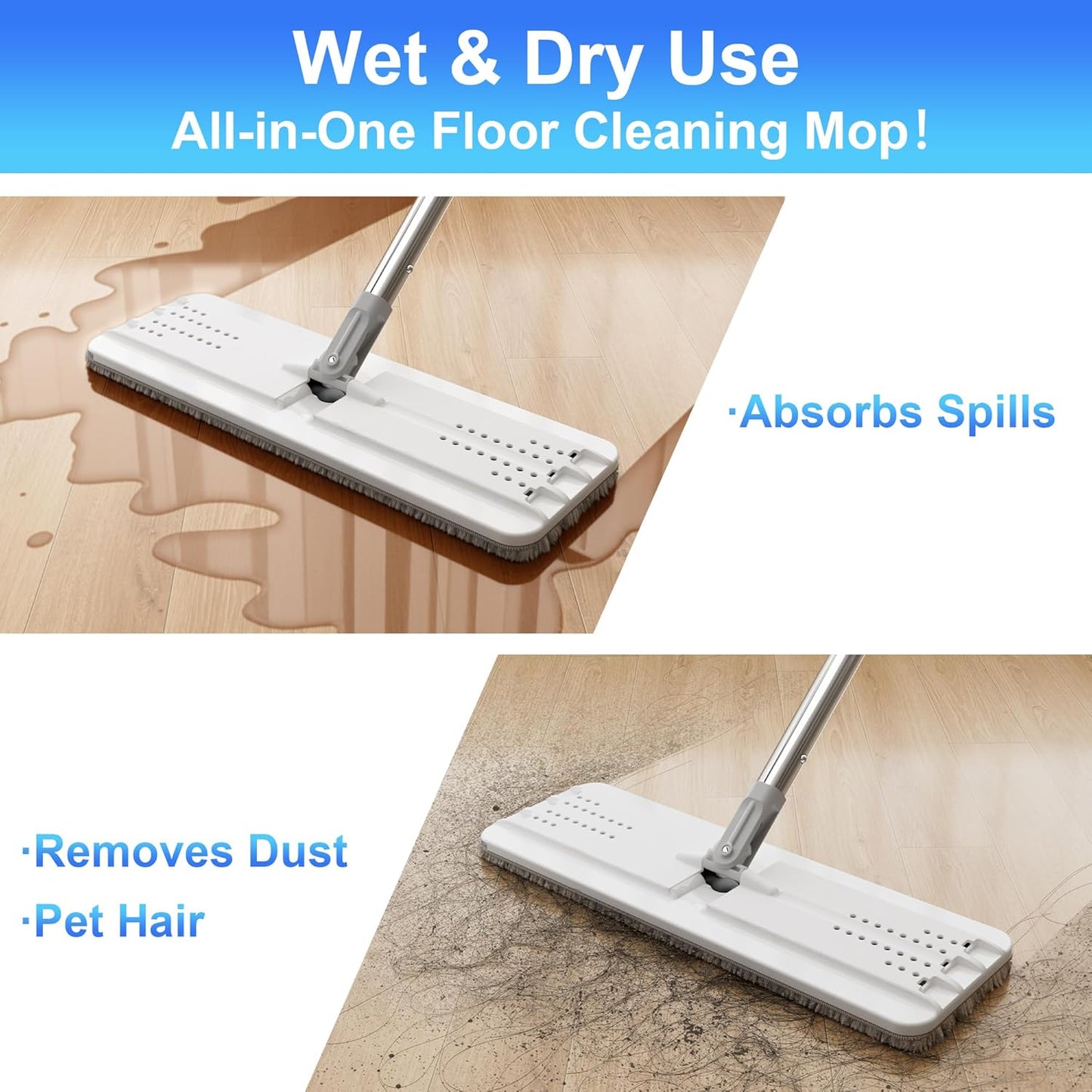 JOYMOOP White Flat Mop & Bucket with 1 Microfiber Pad, 12 Disposable Toilet Brushes, Stainless Steel Toilet Brush and Holder Set, Multi-Functional Cleaner for Floors, Windows, and Toilets