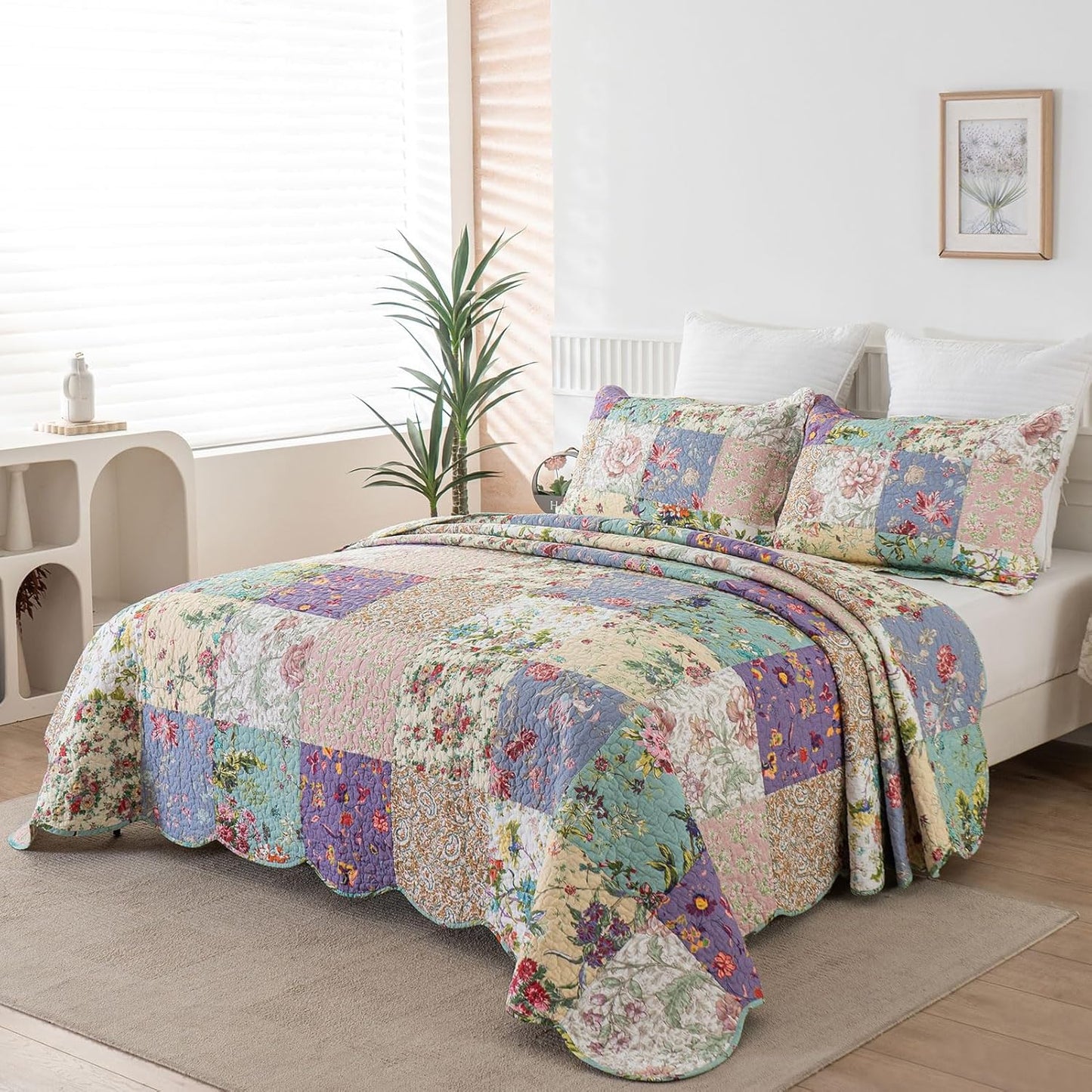 YAYIDAY Oversized King Bedspreads Patchwork Quilt Set (120x118 Inch) - 100% Cotton Reversible Breathable Floral Quilted Coverlet with Pillow Shams Fit All Season