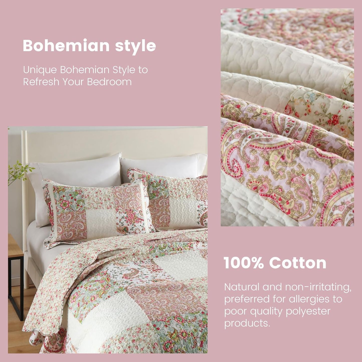 Secgo King Comforter Set for Bed - 100% Cotton Quilts King Size, Black Bedspreads (98 * 104Inch) with 2 Pillow Shams, Patchwork Reversible Lightweight Bedding