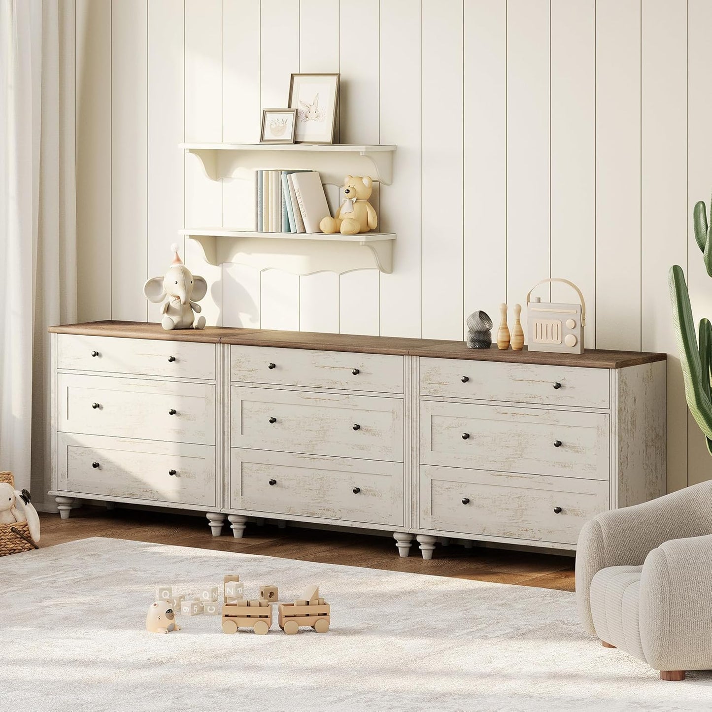 WAMPAT Kids Dresser for Bedroom with 9 Drawers, Baby Dressers with Wide Chest of Drawers, Farmhouse Wooden Closet Storage Organizer, Large Wood Dressers for Living Room, Nursery, Hallway, Rustic White