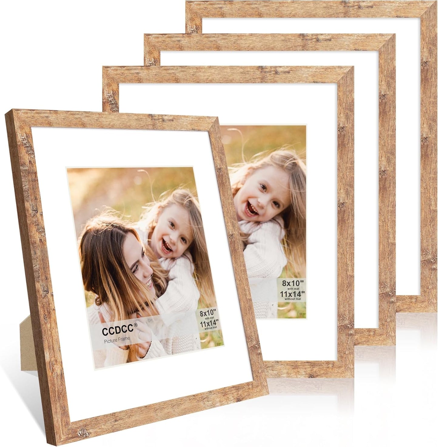 11x14 Picture Frame Set of 4, 11 x 14 Wood Photo Frames with Mat for 8x10, Natural Wooden Frame with Real Glass Cover for Wall and Tabletop Display,Brown