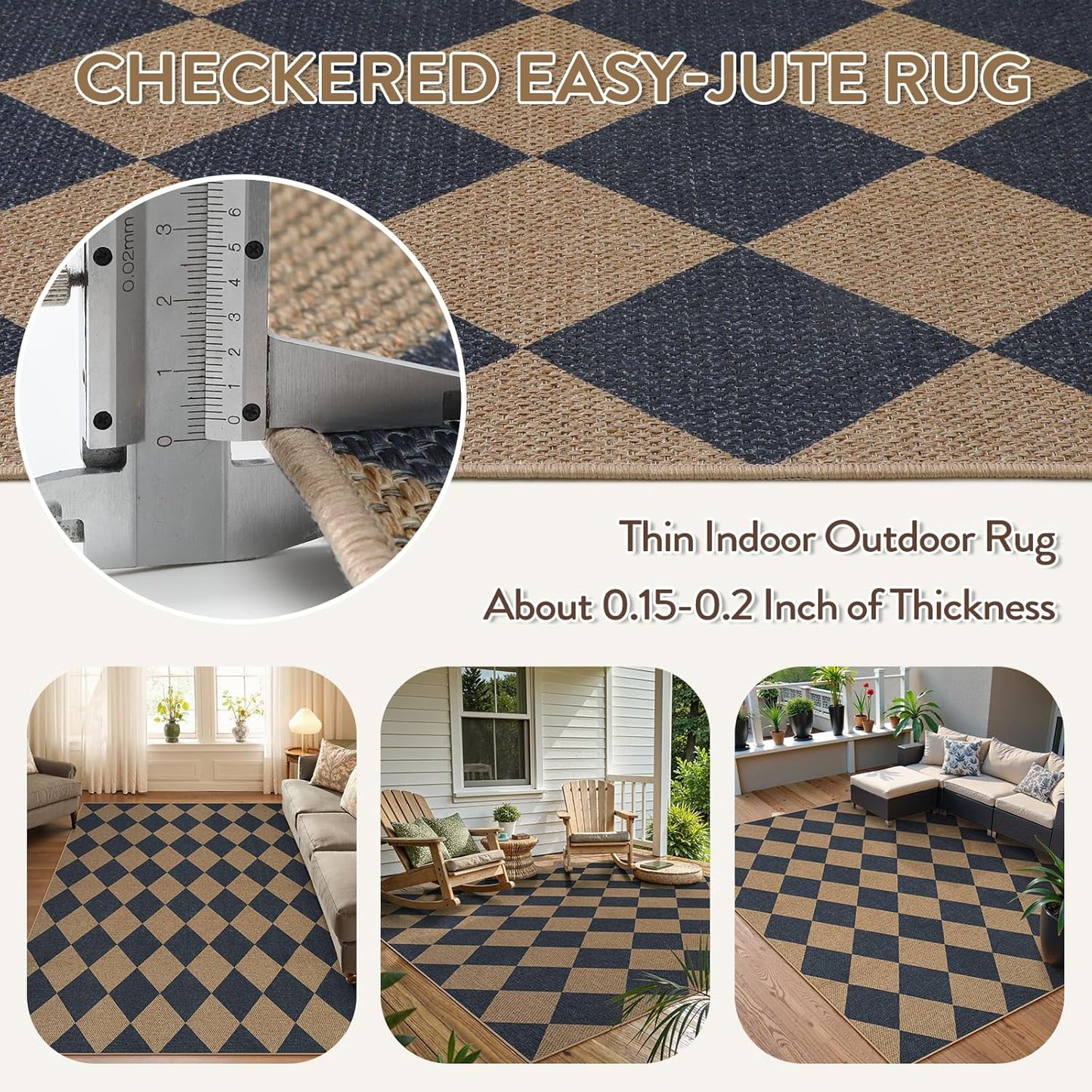 Lahome Checkered Easy Jute Washable Rug, 5x7 Area Rugs for Living Room Nature Large Dining Room Carpet, Farmhouse Geometric Non Slip Indoor Outdoor Carpet for Home Office Bedroom Backyard Patio