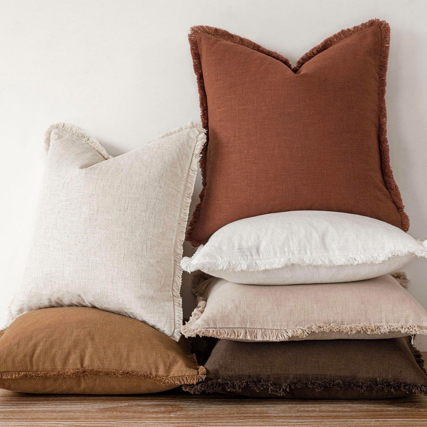 Foindtower Set of 2 Decorative Linen Fringe Throw Pillow Covers Farmhouse Cushion Cover with Tassels Soft Accent Pillowcase for Couch Chair Sofa Bed Living Room Home Decor,22×22 Inch,Fall Rust Orange