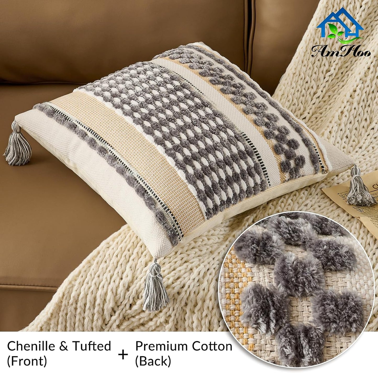 AmHoo Chenille Striped Textured Boho Throw Pillow Covers Aesthetic with Tassels Woven Decorative Pillow Case for Couch Bed Sofa Bedroom Modern Funky 18 x 18-Inch Grey White