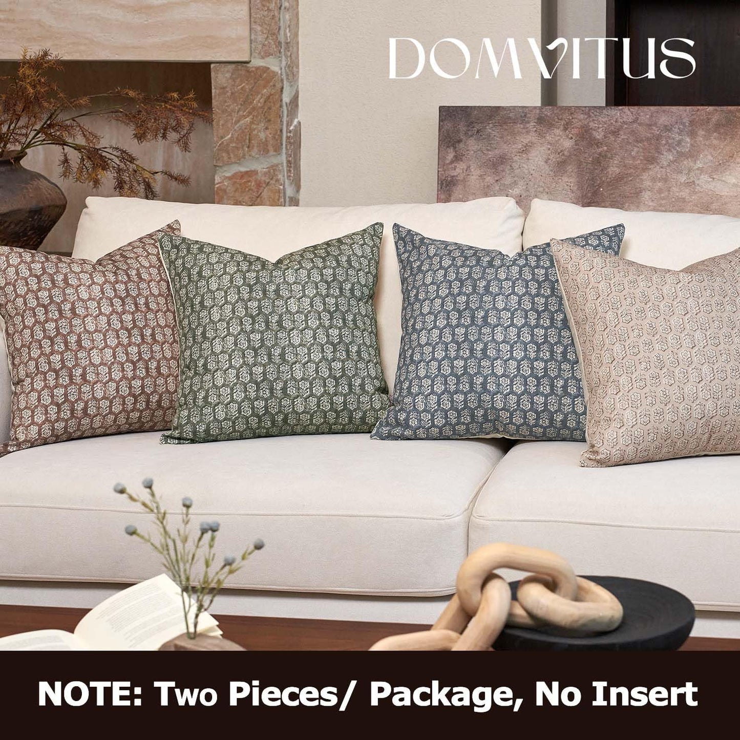 DOMVITUS Floral Pillow Covers Set of 2, 24x24 Pillow Covers, Floral Print Neutral Accent Decorative Pillow Covers for Living Room, Bed, Mineral Green