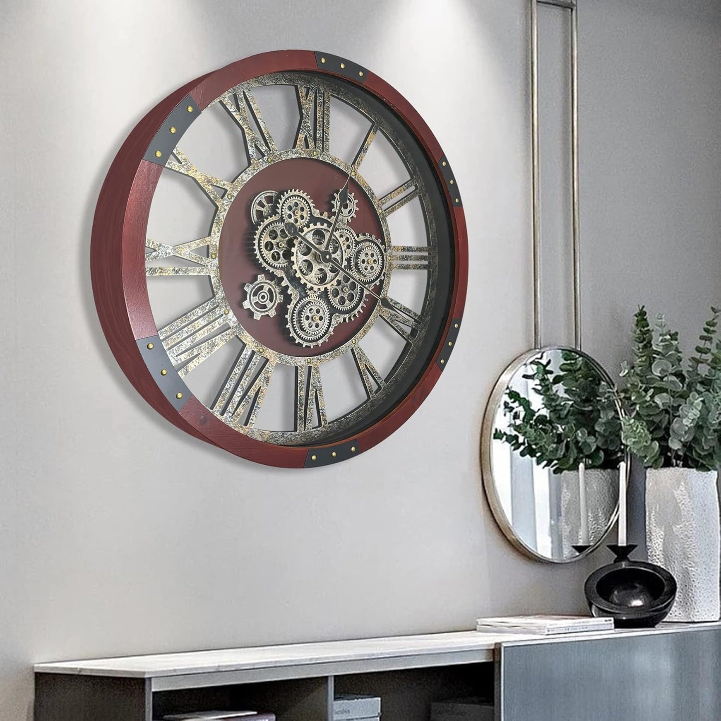DORBOKER 30" Original Moving Gears Wall Clock, Large Industrial Wall Clock for Living Room Decor, Retro Wood Vintage Farmhouse Steampunk Rustic Clocks for Wall Decor,Red Walnut Wood