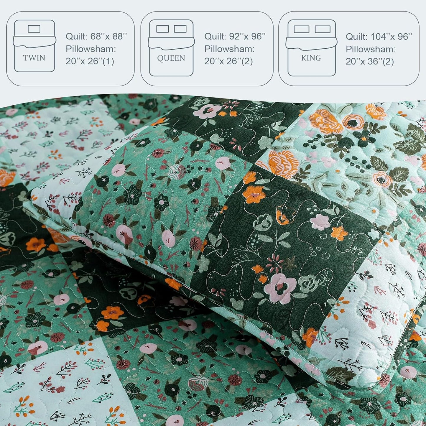 Exclusivo Mezcla Reversible Boho Quilt Set Twin Size, 2 Pieces Patchwork Green All Season Bedspreads, Ultra Soft Floral Coverlet Bedding Set with Printed Pattern (1 Quilt, 1 Pillow Sham)