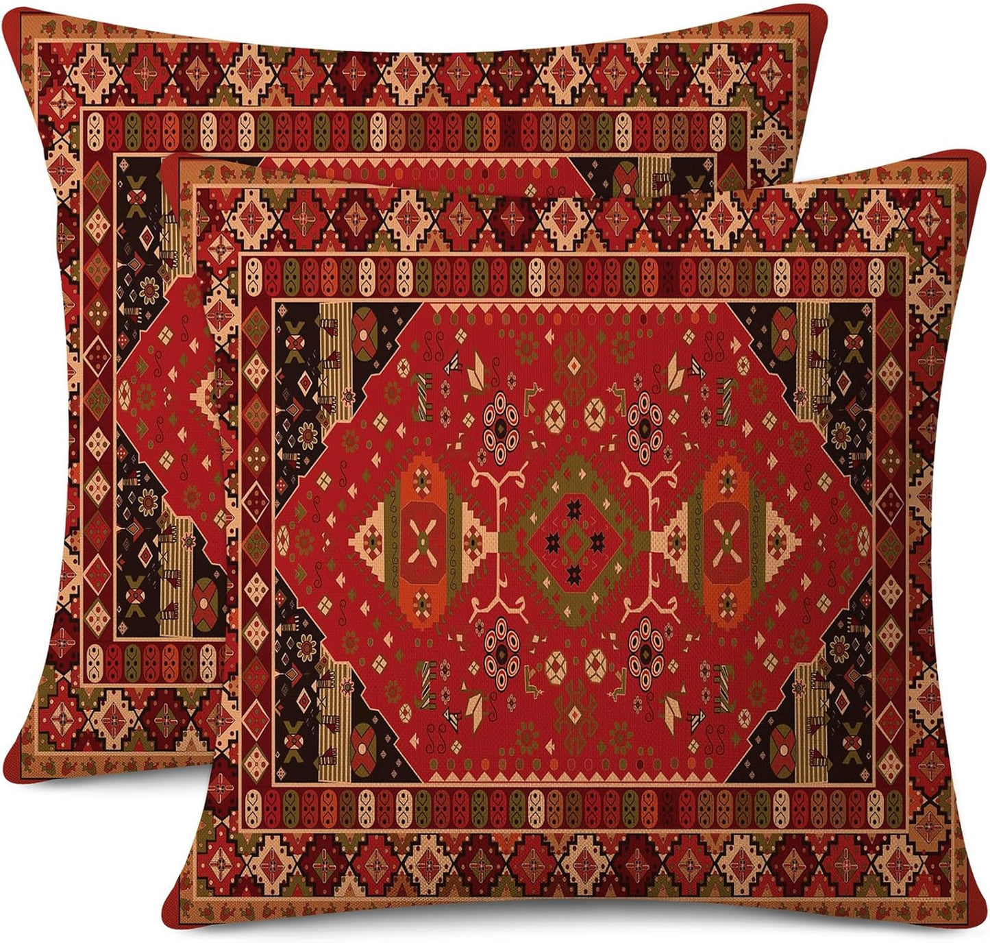 Outdoor Waterproof Pillow Covers 18X18 Inch Set of 2 Bohemian Vintage Carpet Pattern Pillow Covers Ethnic Design Decorative Farmhouse Cushion Case for Couch Red