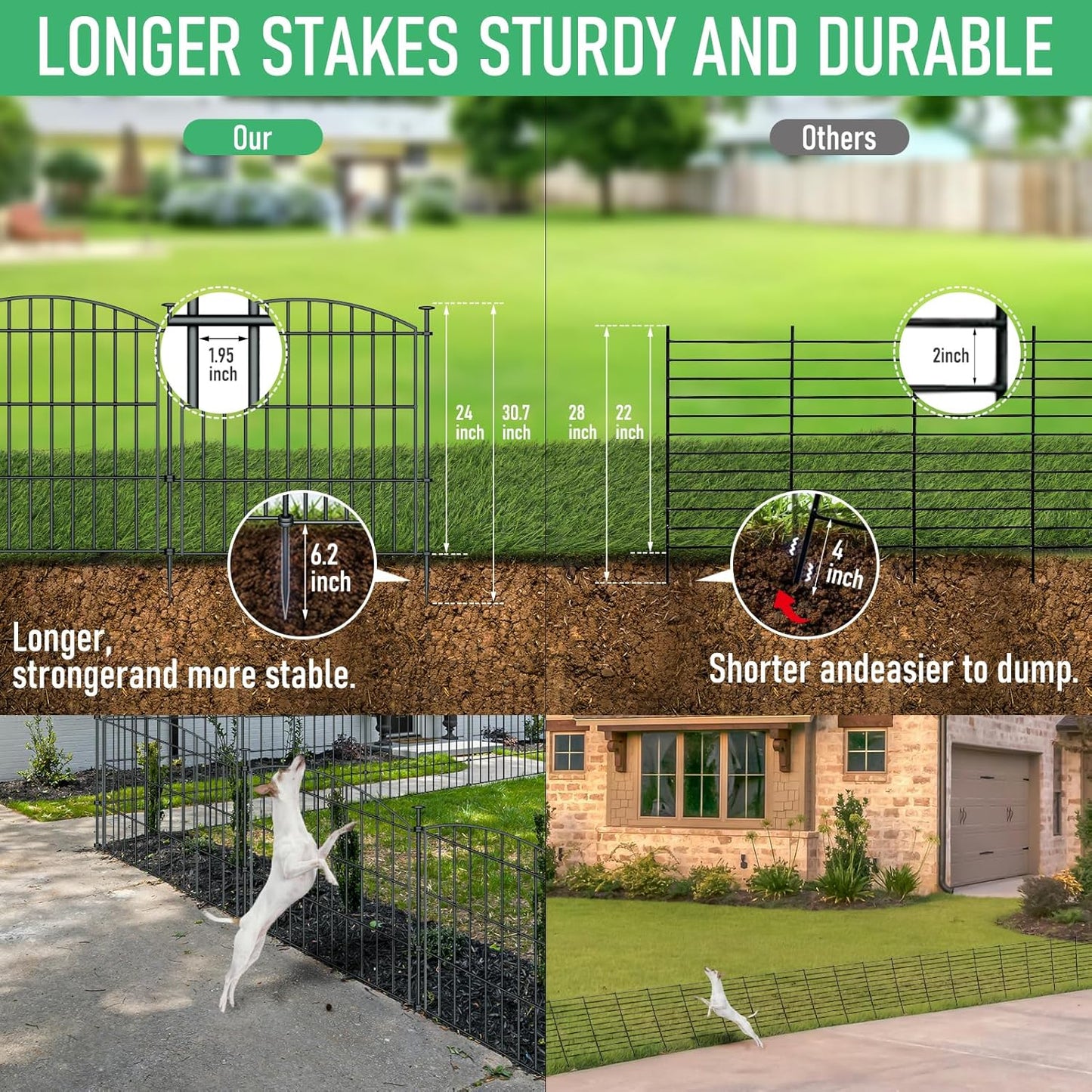 10 Panels Garden Fence Dog Fence Outdoor for Yard, 24in H x 20ft L Rustproof Metal Fencing with Ground Stakes | No Dig Animal Proof Containment for Pets/Rabbits | Durable Patio Security Panels