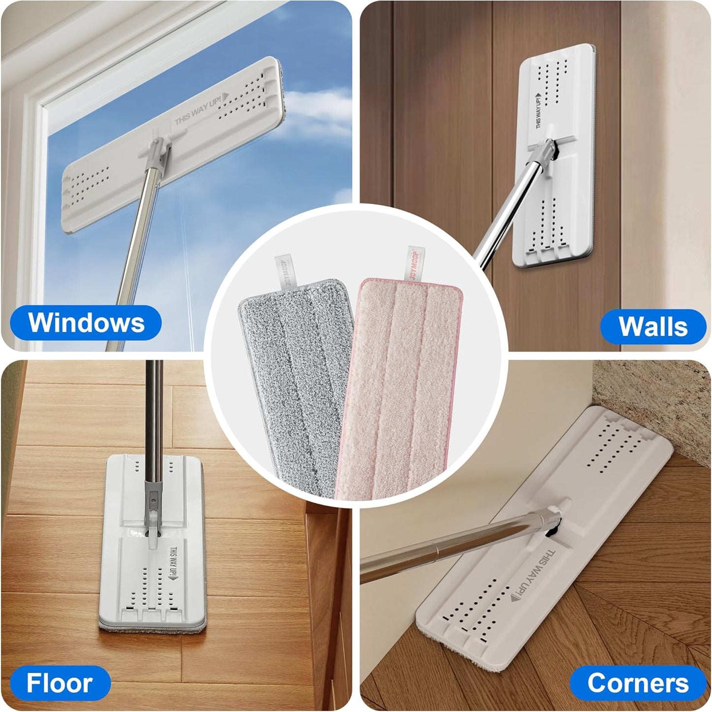 JOYMOOP Mop Replacement Pads, Reusable Microfiber Mop Pads for 13-inch Flat Mop and Mop Bucket Set, Pack of 4 Refills - Grey and Pink