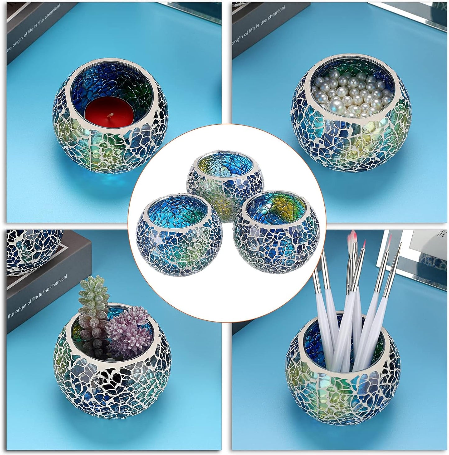 OwnMy Set of 3 Blue Mosaic Glass Tea Light Holders Round Bowl Votive Candle Holders Pillar Candle Stands, Glass Mosaic Tealight Holders Potted Plant Bowl Vase Candle Centerpiece for Table Wedding